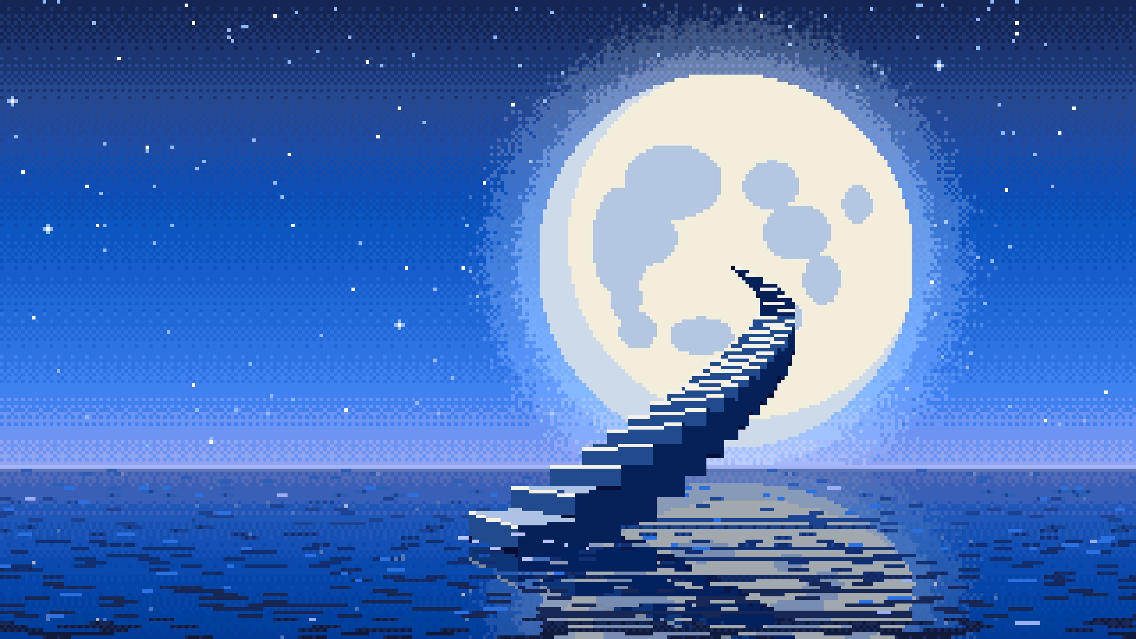 Blue Pixel Art Surreal Stairway to the Moon desktop wallpaper in 4K
