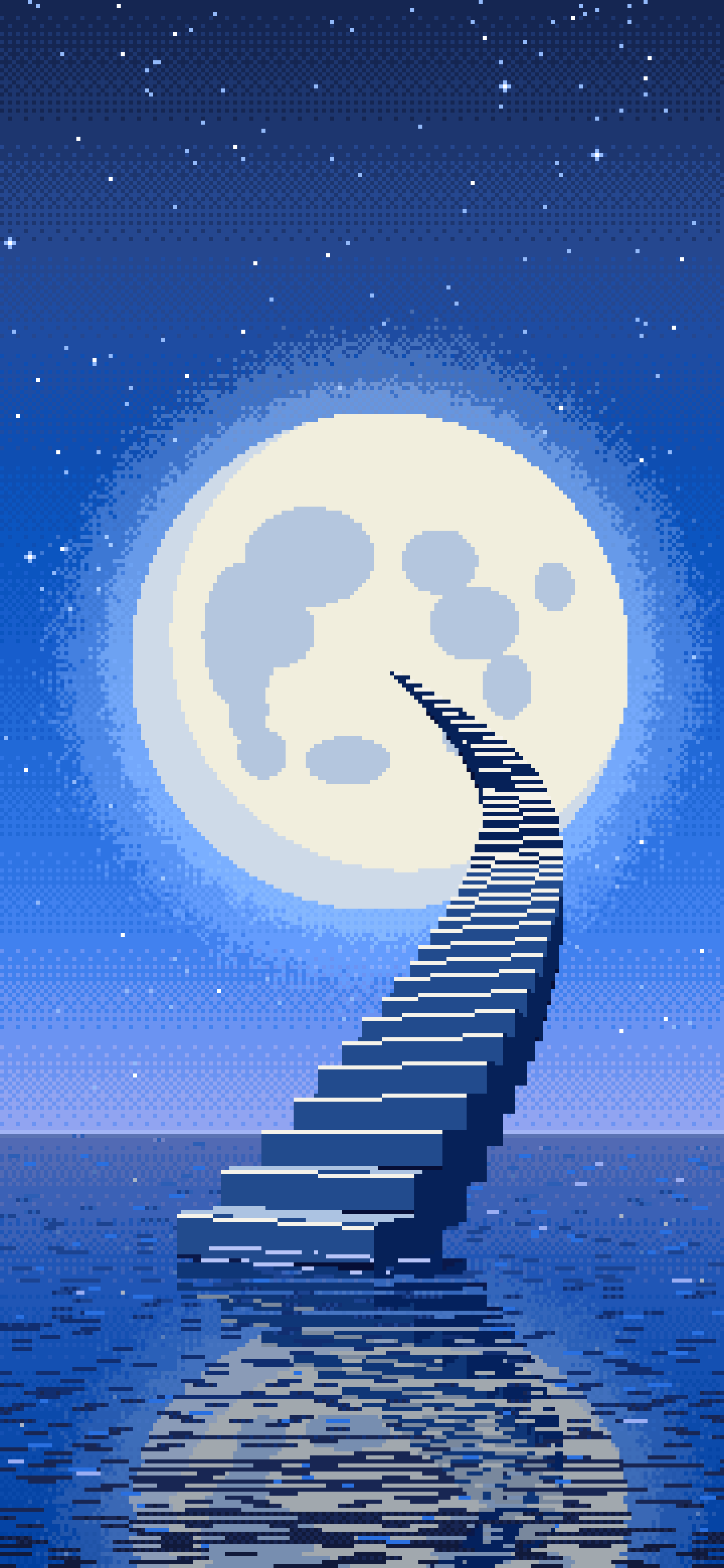 Blue Pixel Art Surreal Stairway to the Moon wallpaper for iPhone and Android