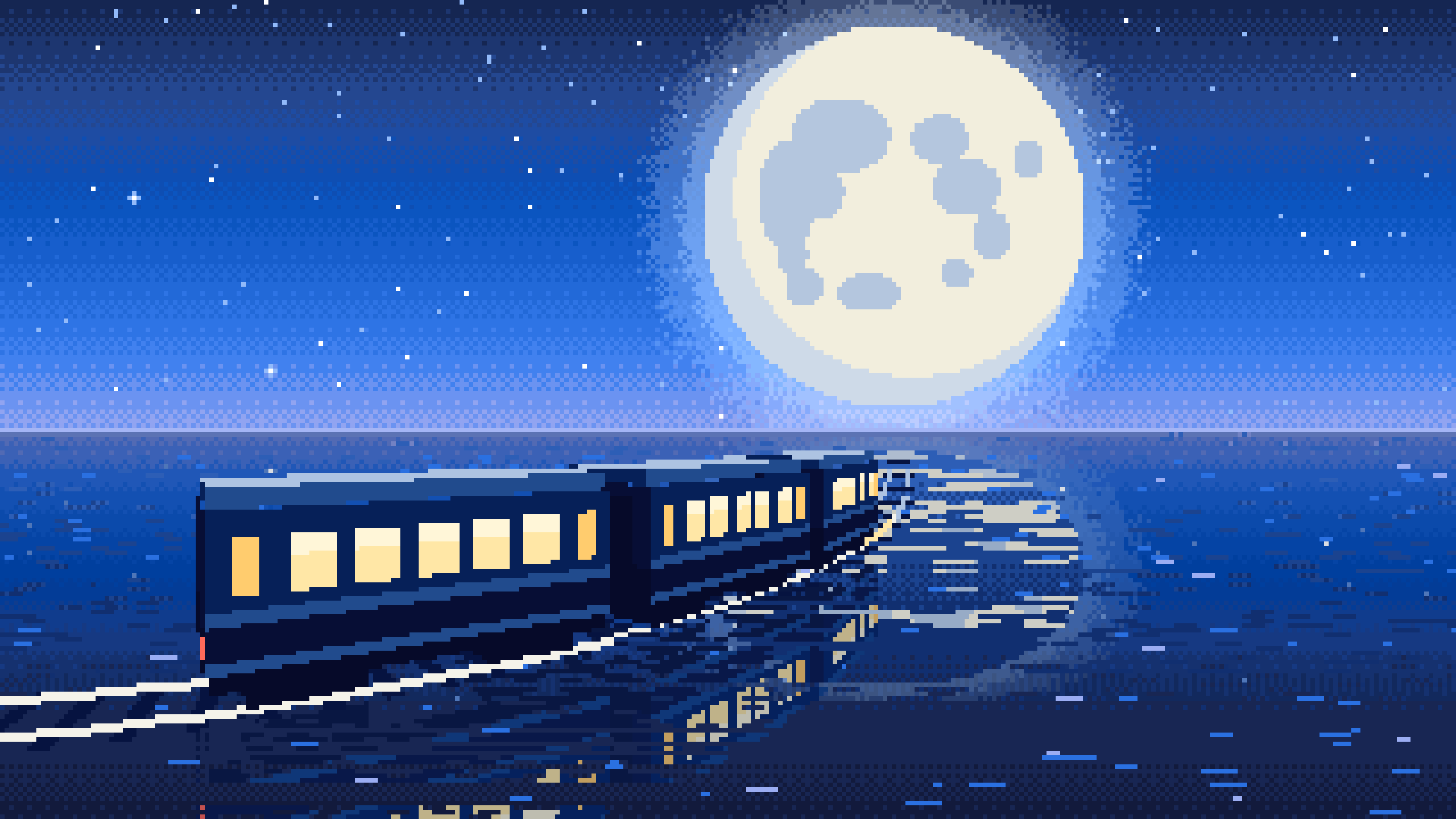 Blue Pixel Art Surreal Train Across the Sea to the Moon desktop wallpaper in 4K