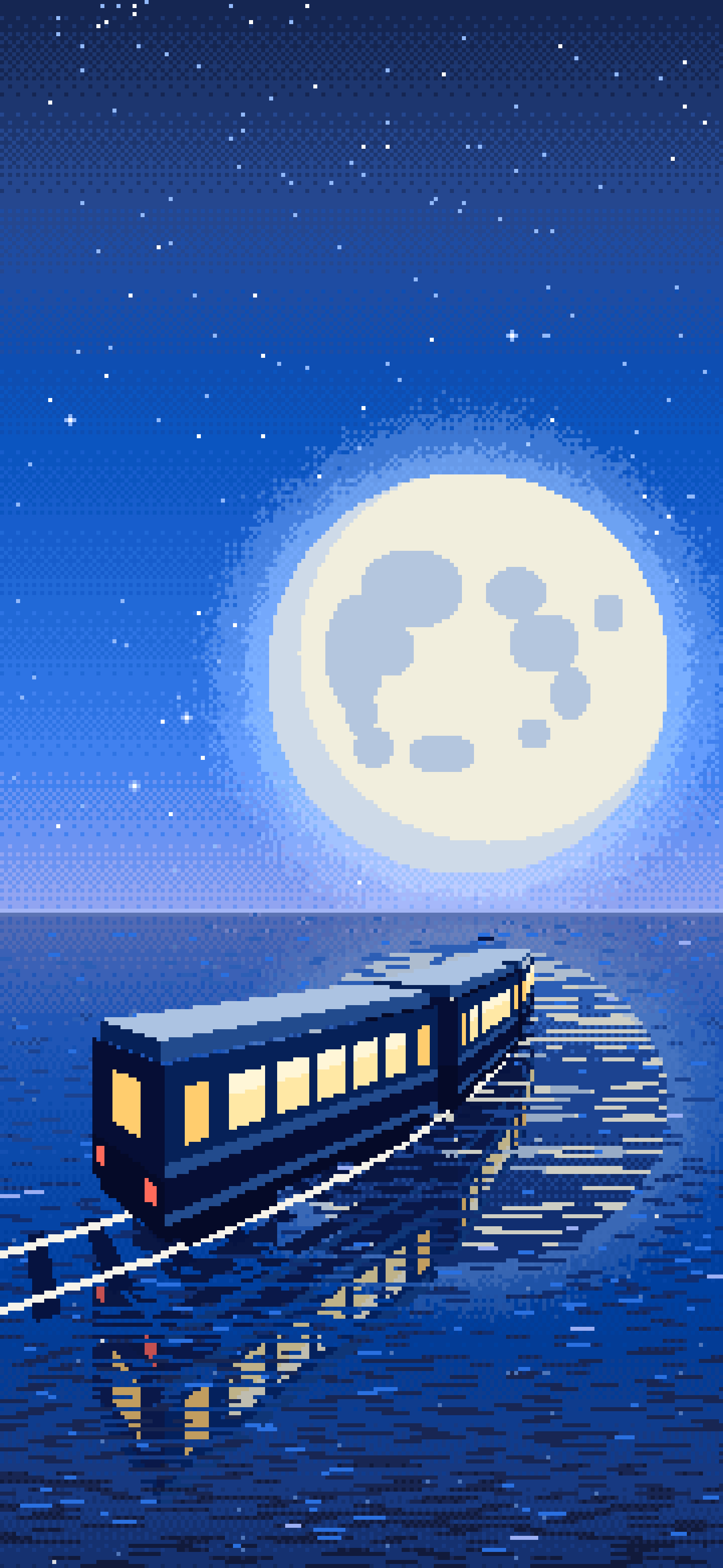 Blue Pixel Art Surreal Train Across the Sea to the Moon wallpaper for iPhone and Android