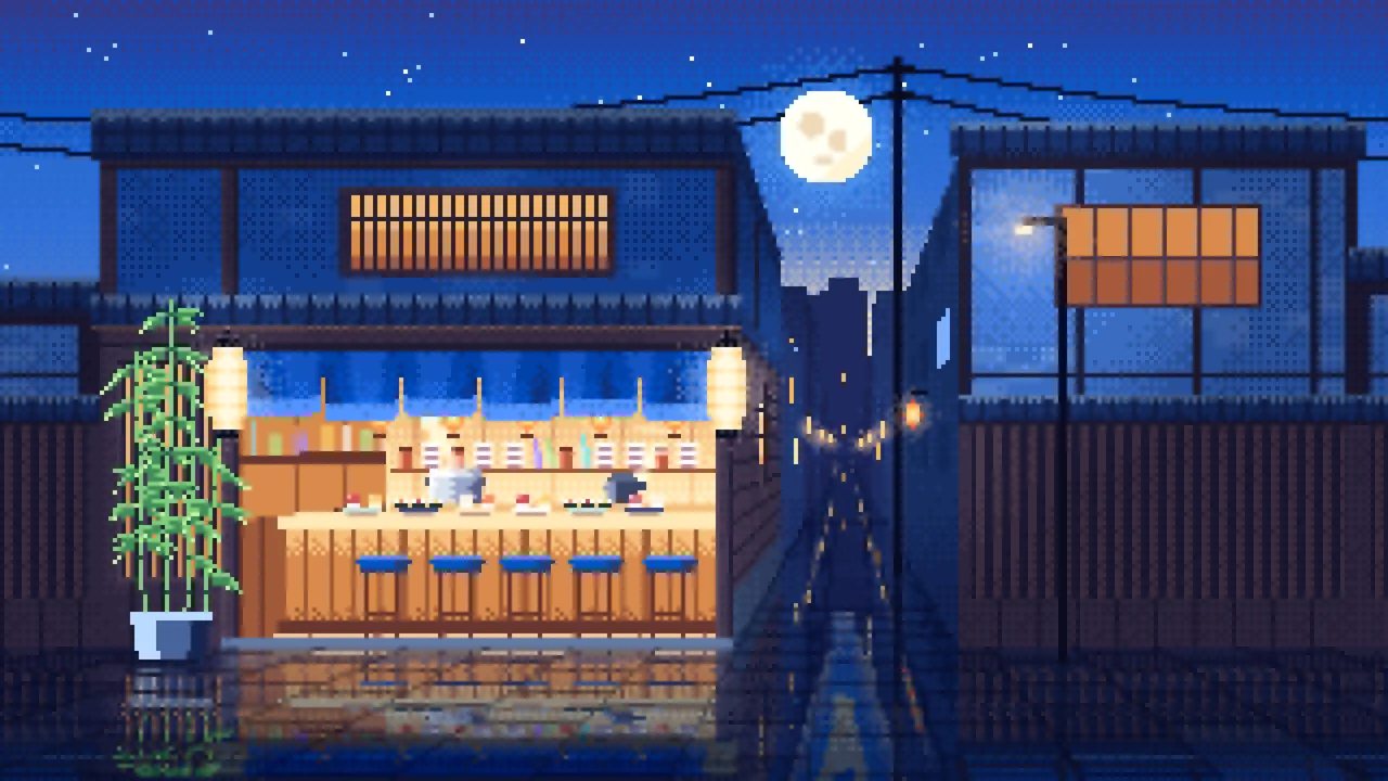 Blue Pixel Art Sushi Bar desktop wallpaper in 4K