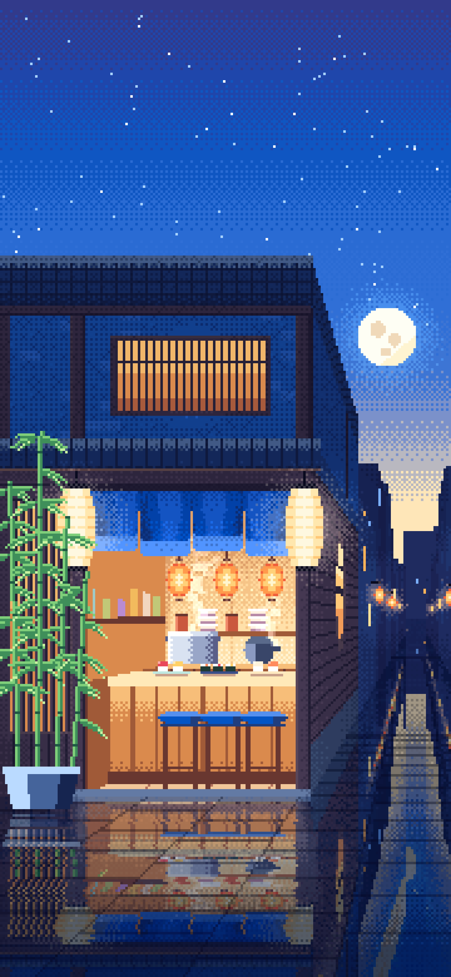 Blue Pixel Art Sushi Bar wallpaper for iPhone and Android