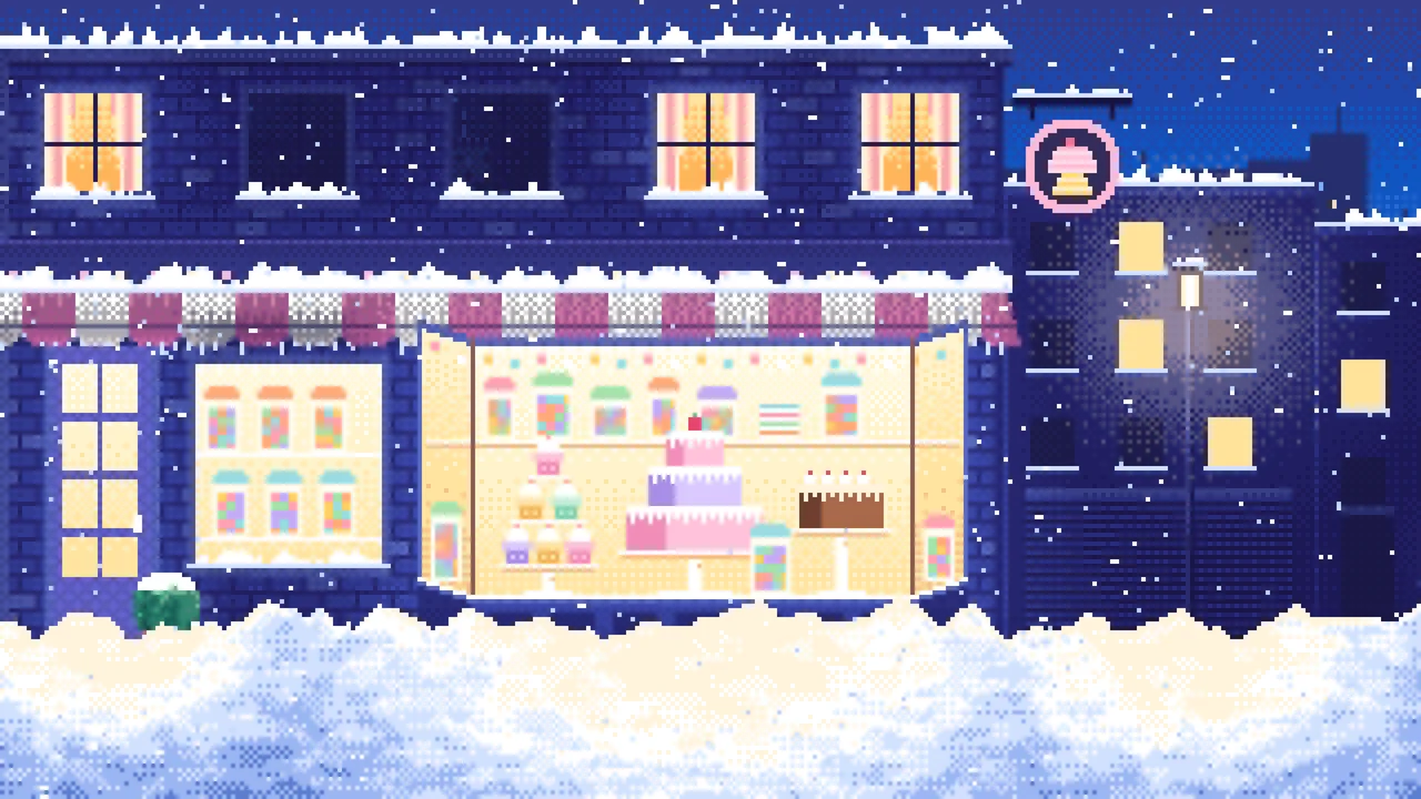 Blue Pixel Art Sweet Shop at Night in the Snow desktop wallpaper in 4K