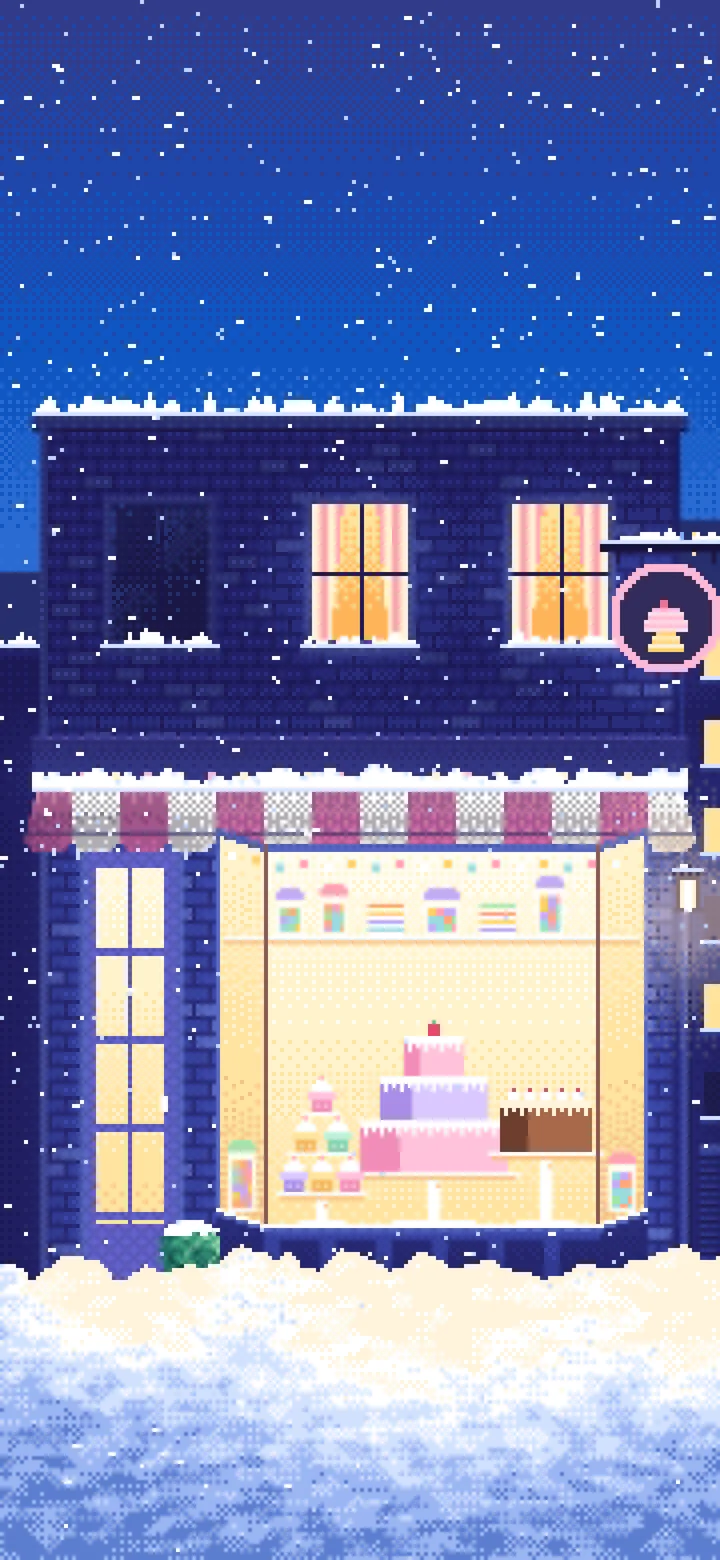 Blue Pixel Art Sweet Shop at Night in the Snow wallpaper for iPhone and Android