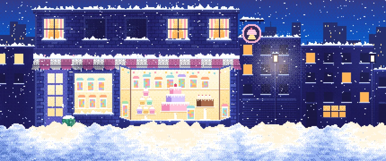 Blue Pixel Art Sweet Shop at Night in the Snow ultrawide wallpaper, 3440 × 1440