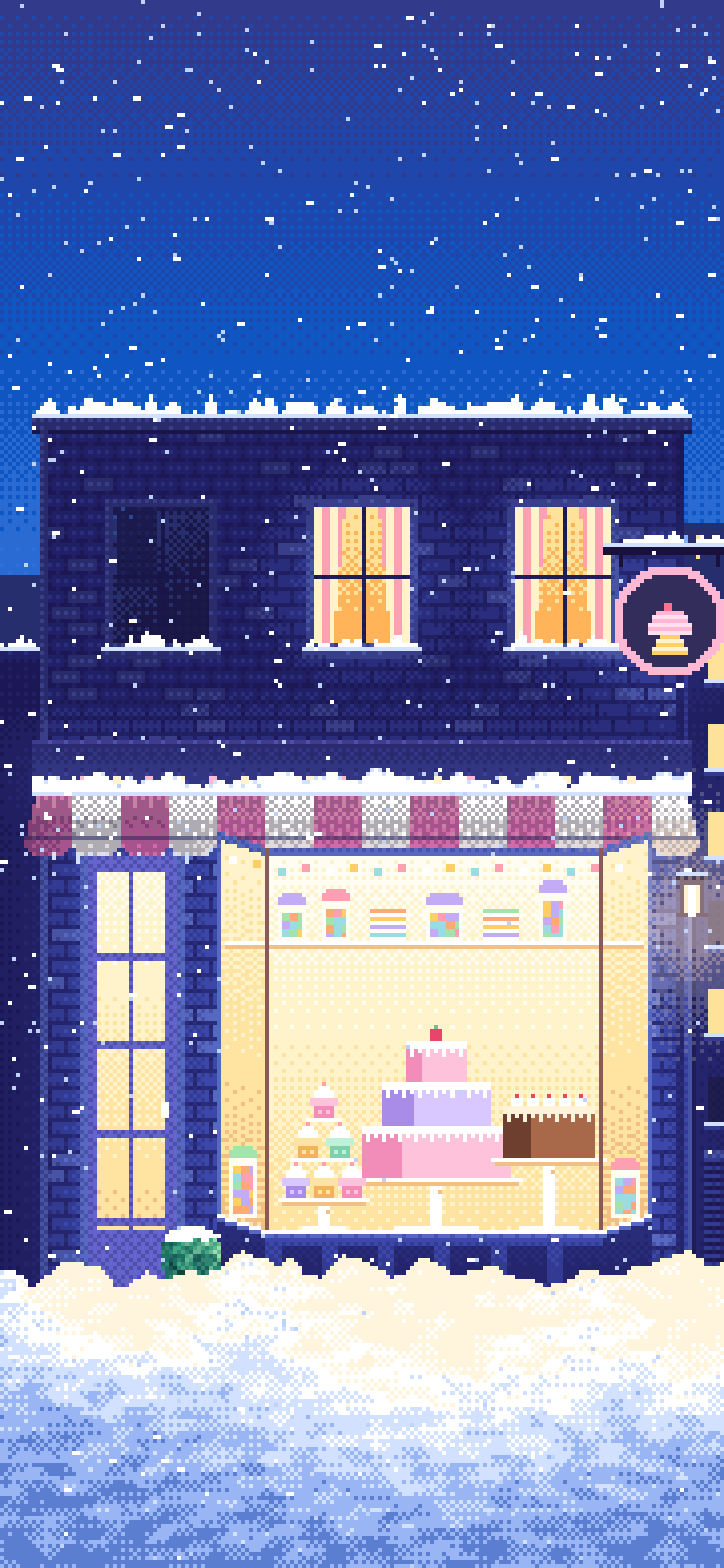 Blue Pixel Art Sweet Shop at Night in the Snow wallpaper for iPhone and Android
