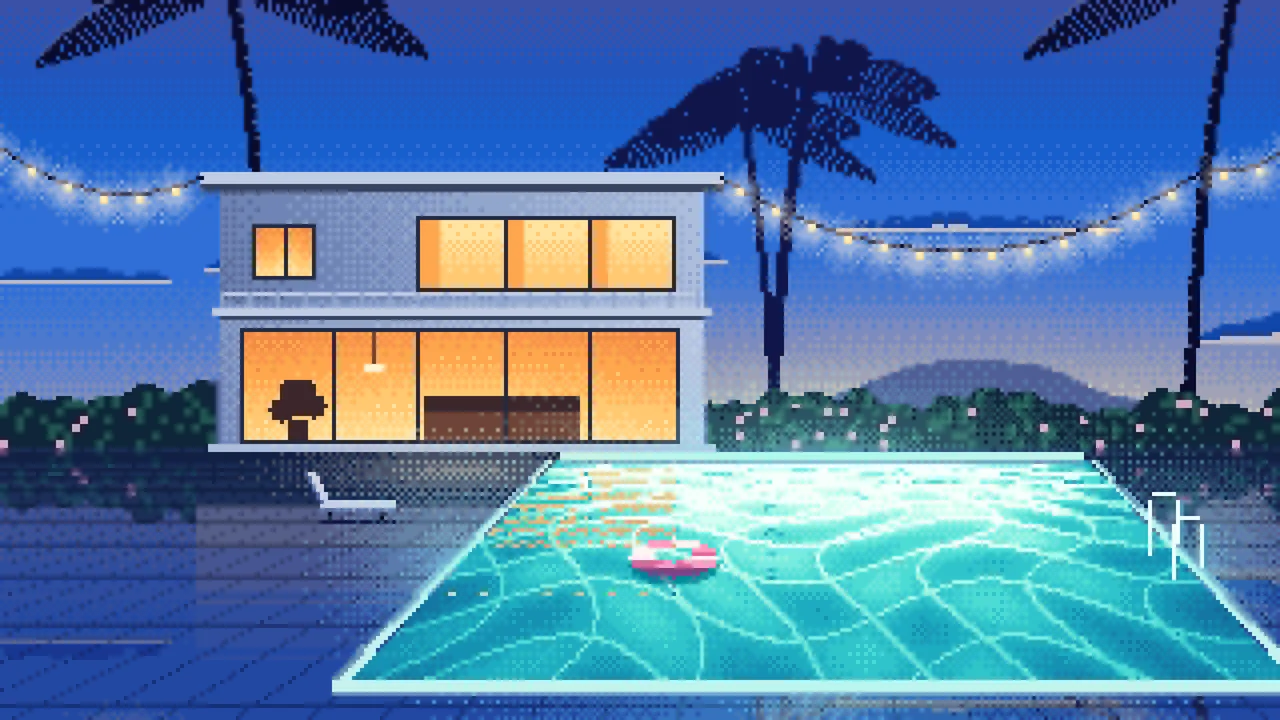 Blue Pixel Art Swimming Pool at Dusk desktop wallpaper in 4K