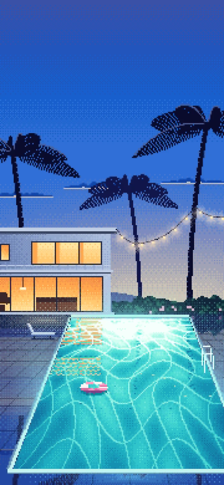 Blue Pixel Art Swimming Pool at Dusk wallpaper for iPhone and Android