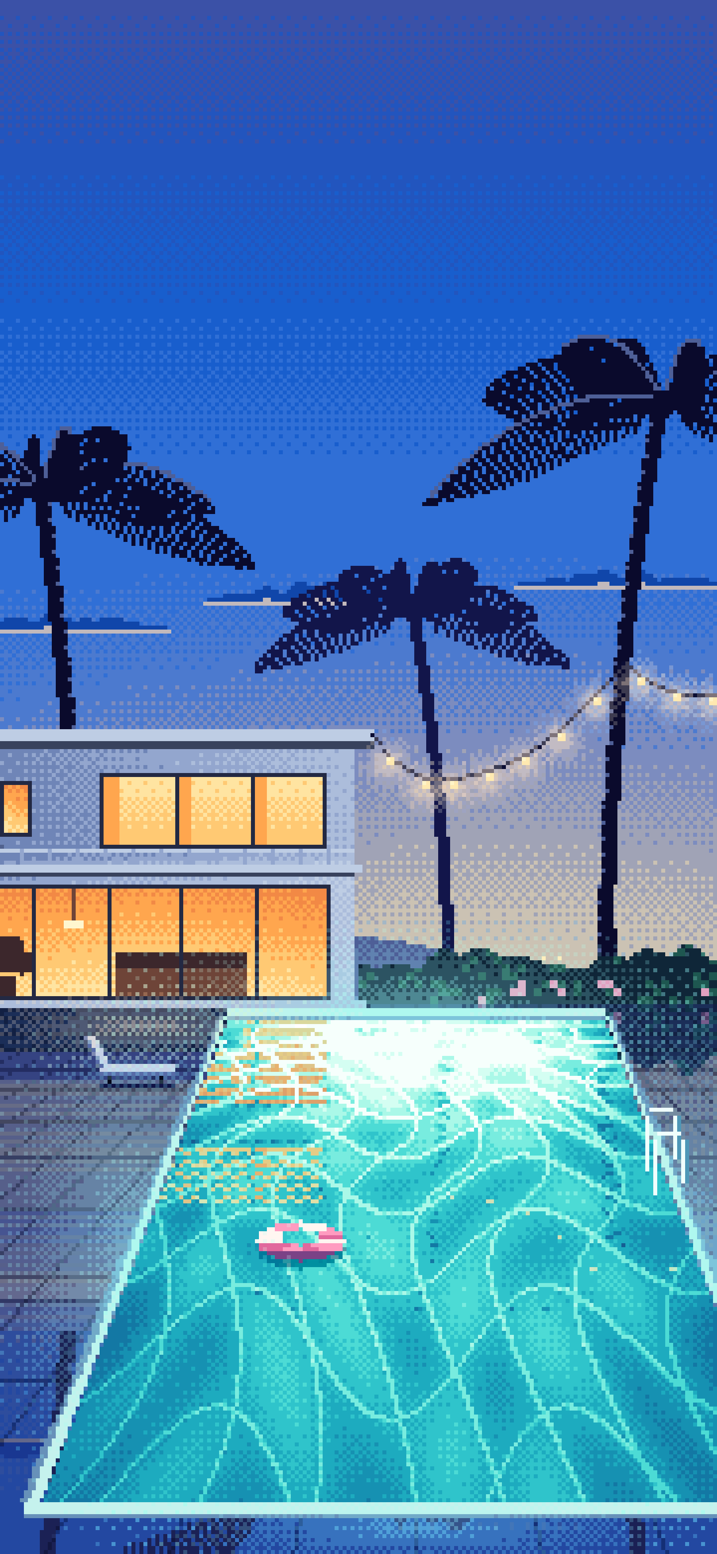 Blue Pixel Art Swimming Pool at Dusk wallpaper for iPhone and Android