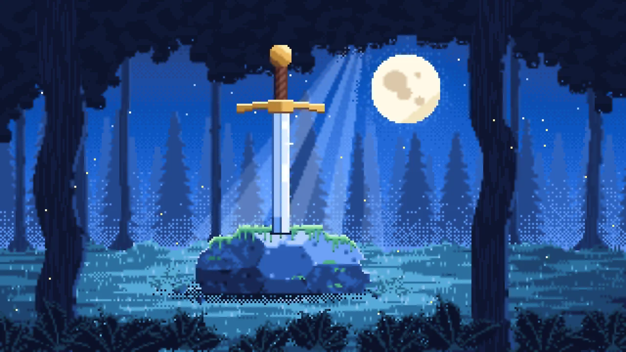 Blue Pixel Art Sword in a Forest Clearing at Night desktop wallpaper in 4K