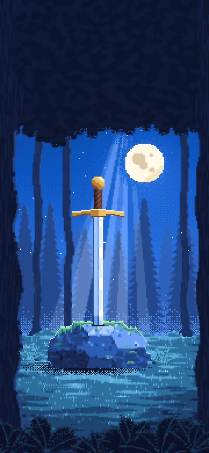 Blue Pixel Art Sword in a Forest Clearing at Night wallpaper for iPhone and Android