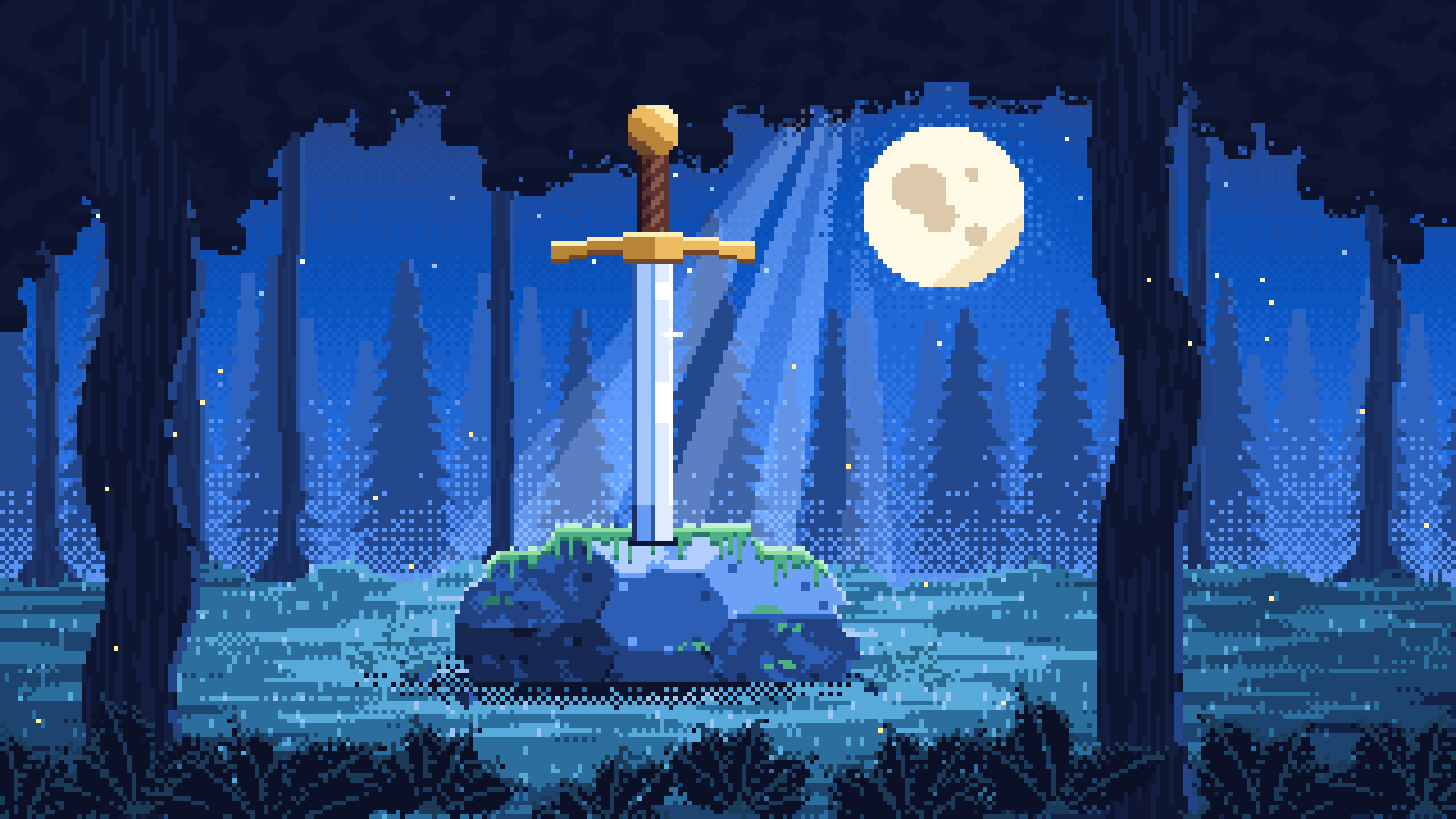 Blue Pixel Art Sword in a Forest Clearing at Night desktop wallpaper in 4K