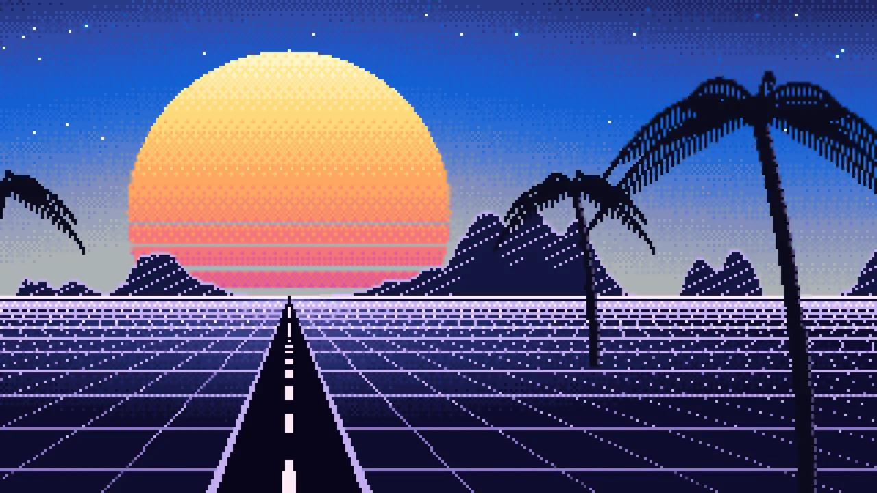 Blue Pixel Art Synthwave desktop wallpaper in 4K