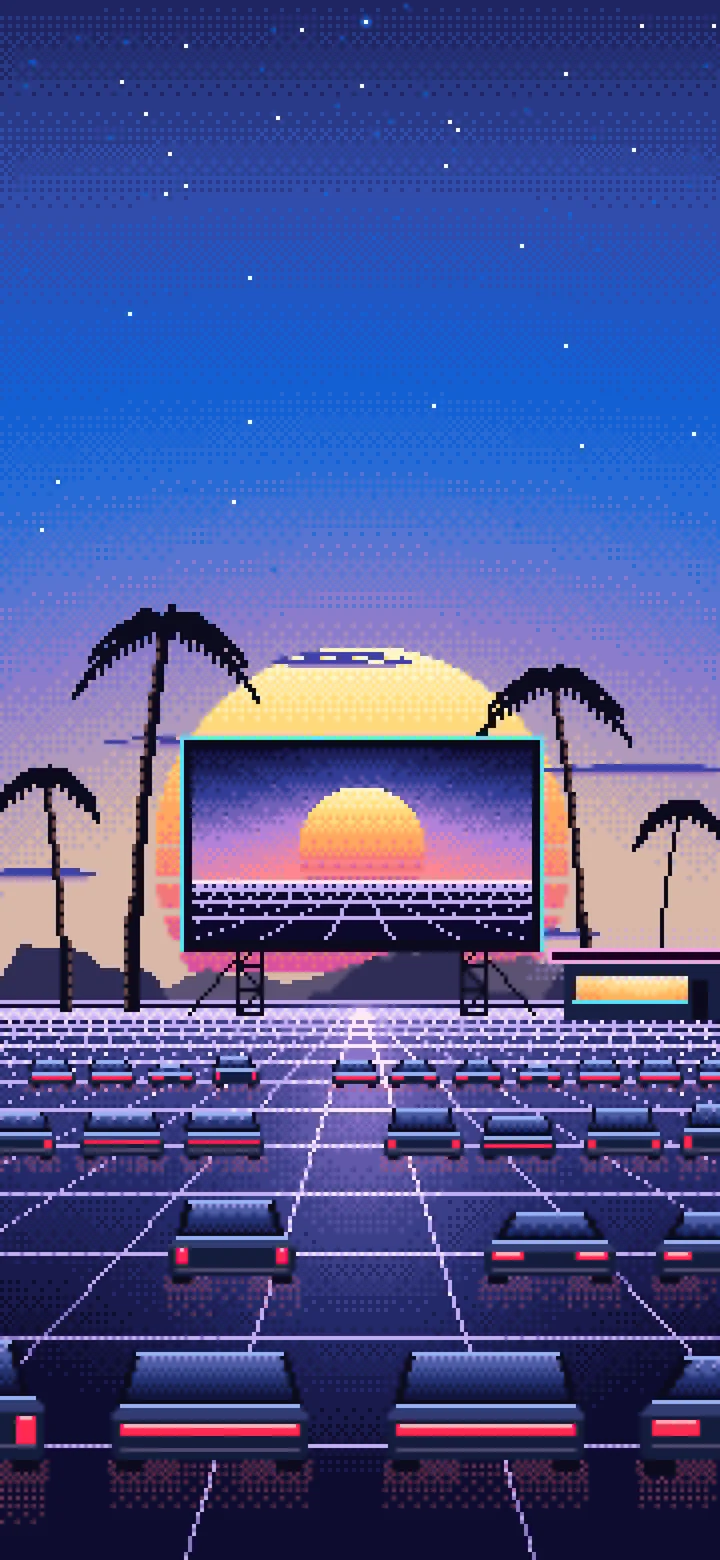 Blue Pixel Art Synthwave Drive-In at Sunset wallpaper for iPhone and Android
