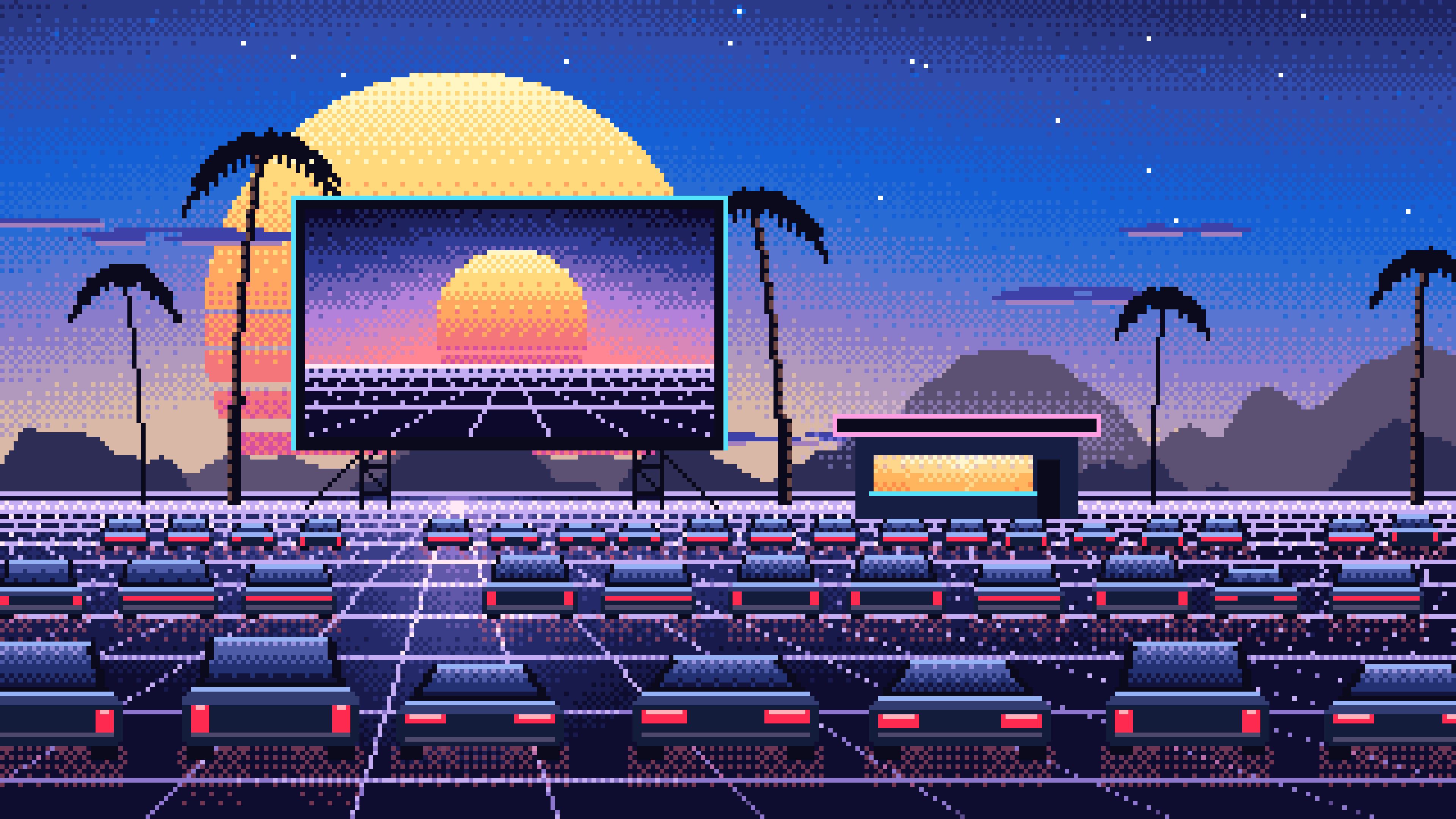 Blue Pixel Art Synthwave Drive-In at Sunset desktop wallpaper in 4K