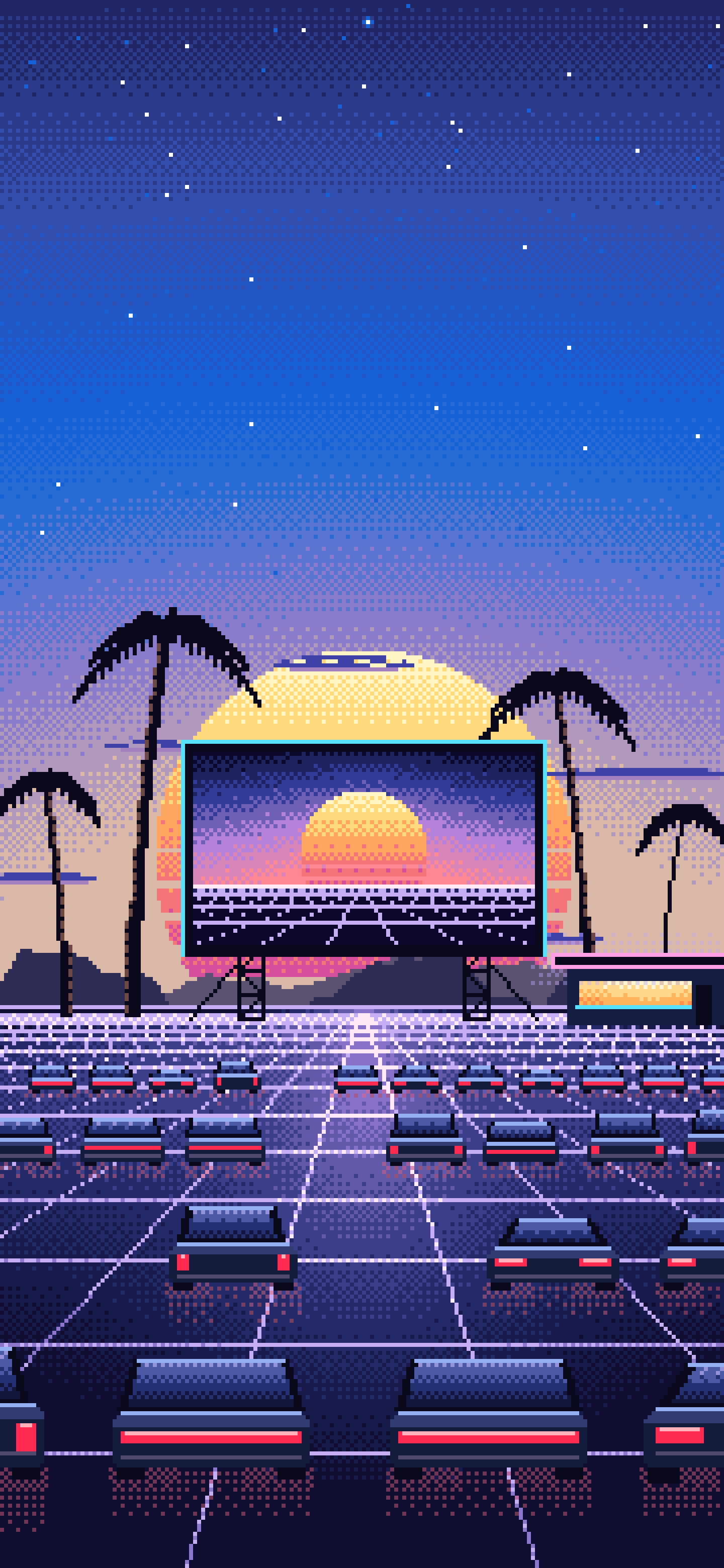 Blue Pixel Art Synthwave Drive-In at Sunset wallpaper for iPhone and Android