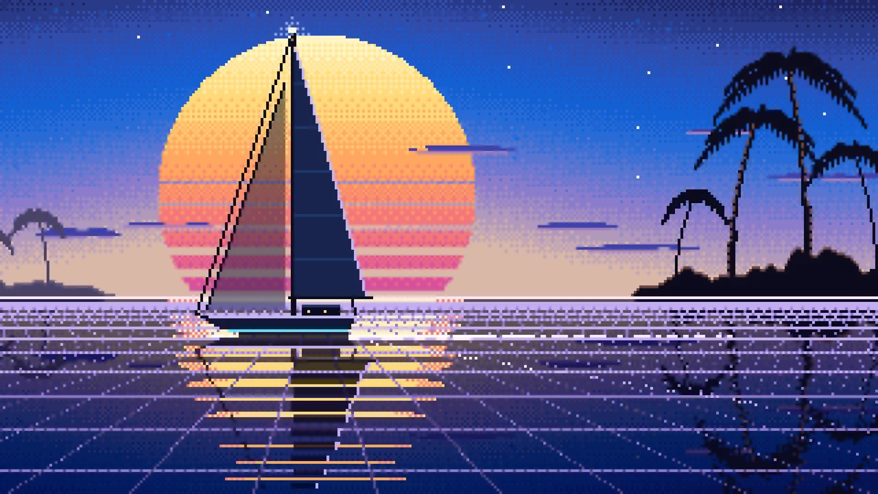 Blue Pixel Art Synthwave Sailboat at Sunset desktop wallpaper in 4K