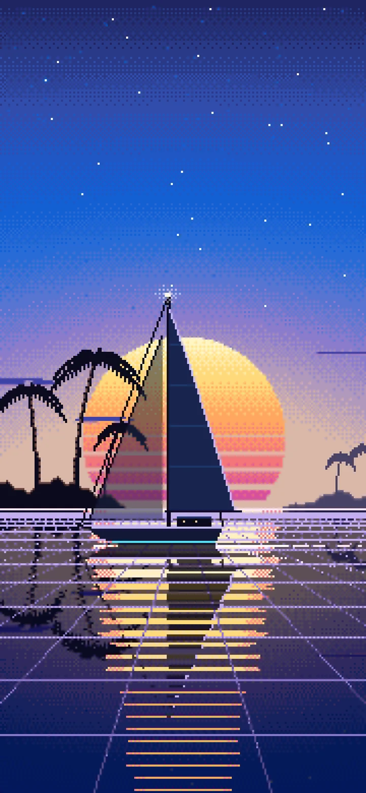 Blue Pixel Art Synthwave Sailboat at Sunset wallpaper for iPhone and Android