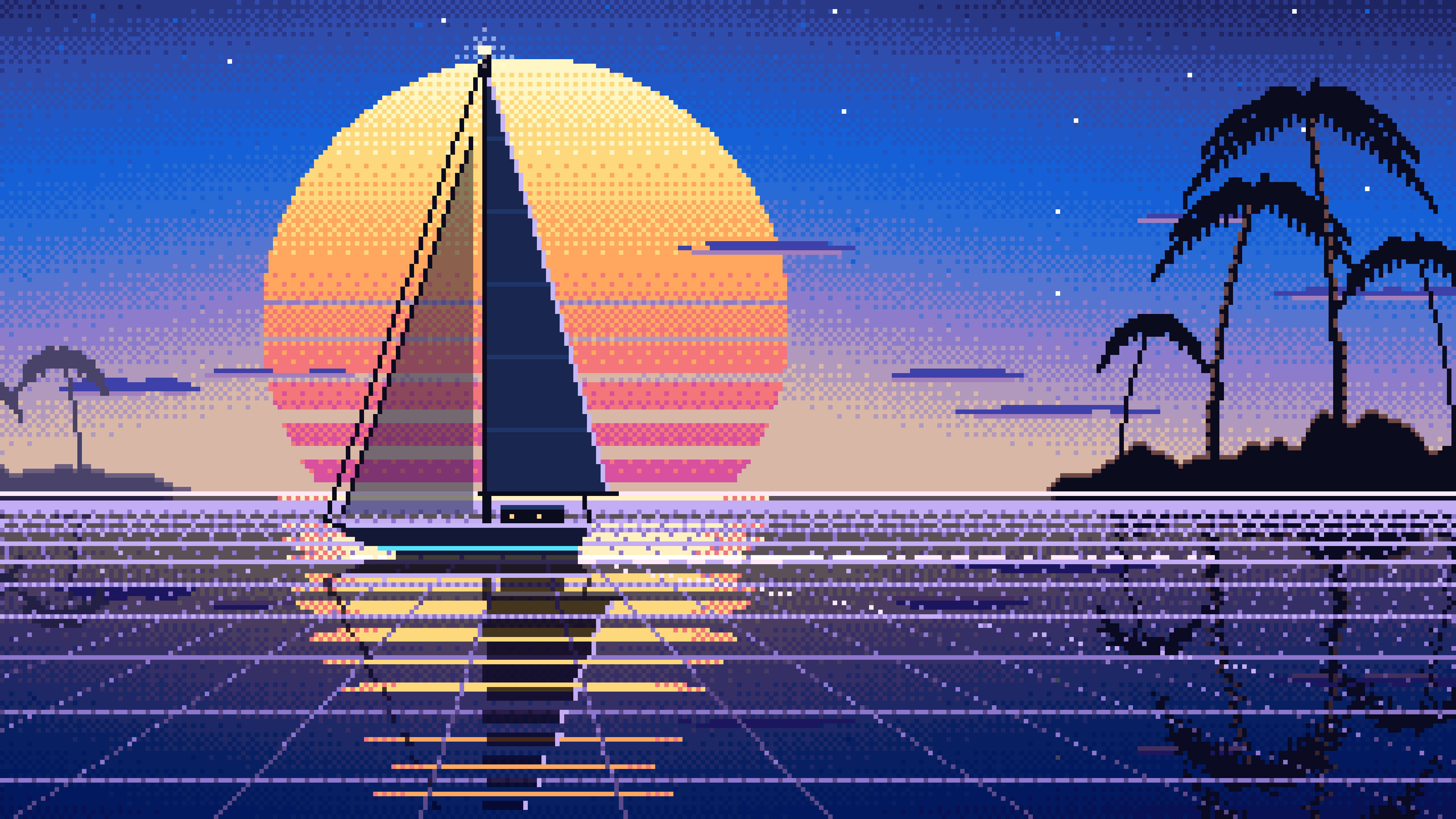 Blue Pixel Art Synthwave Sailboat at Sunset desktop wallpaper in 4K