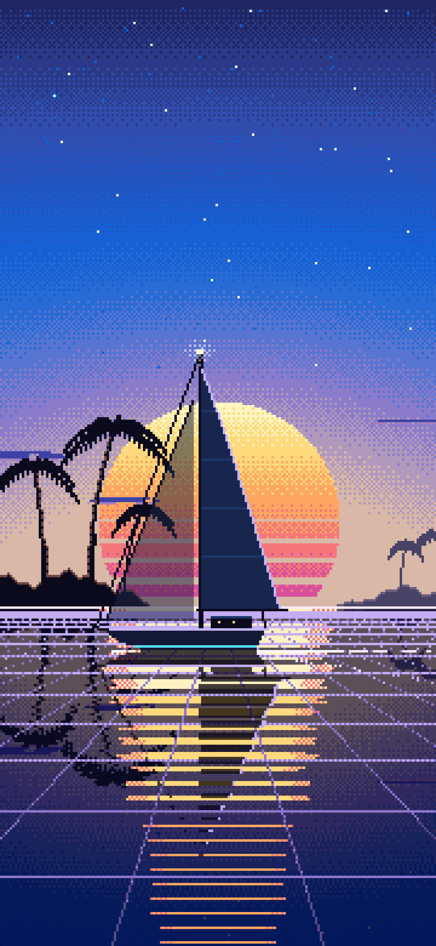 Blue Pixel Art Synthwave Sailboat at Sunset wallpaper for iPhone and Android