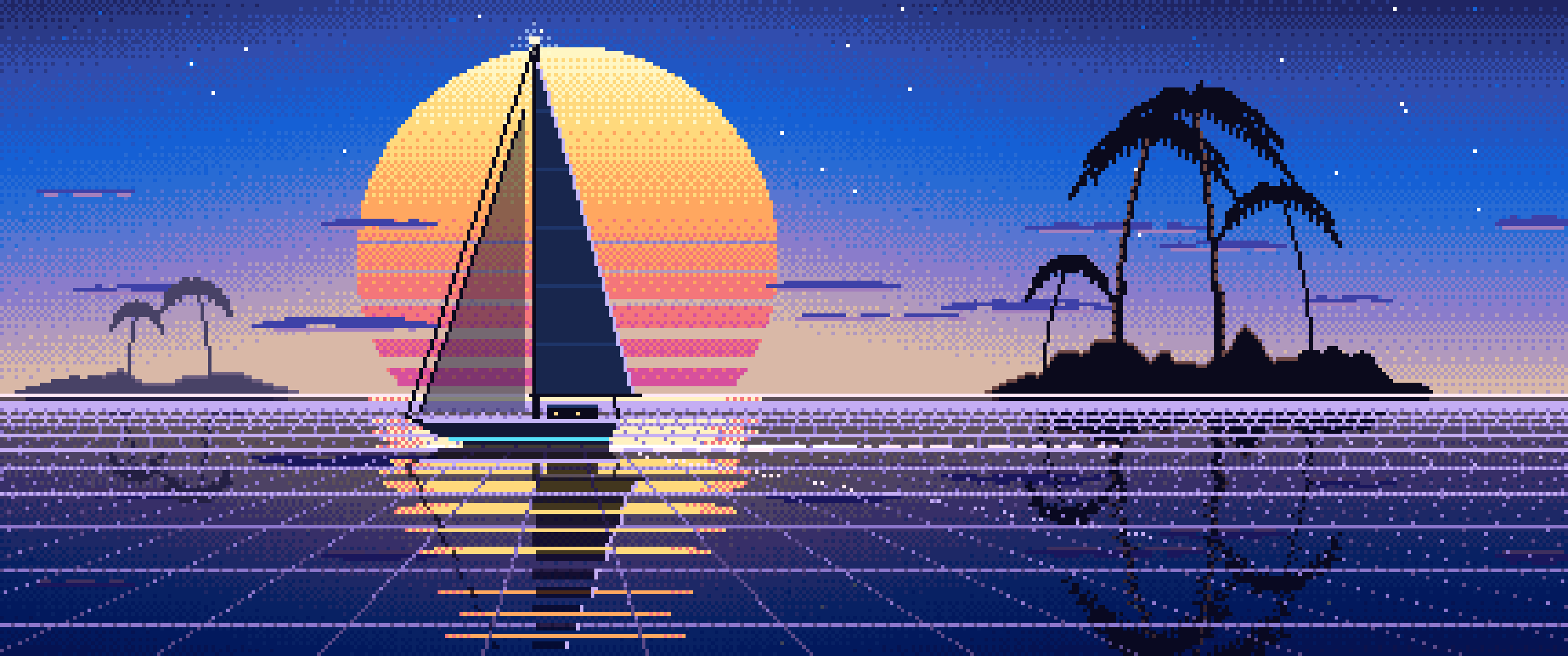 Blue Pixel Art Synthwave Sailboat at Sunset ultrawide wallpaper, 3440 × 1440