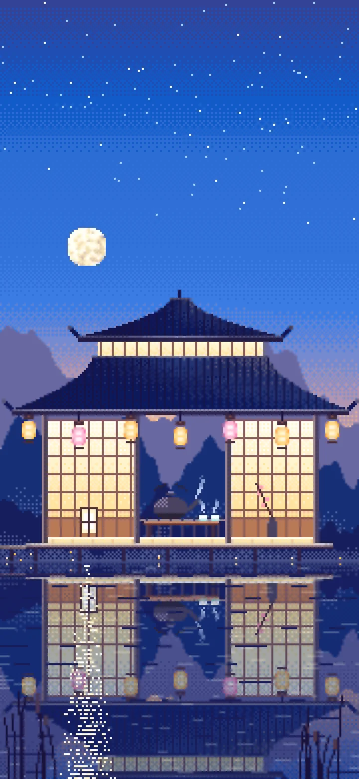 Blue Pixel Art Tea House by a Lake wallpaper for iPhone and Android