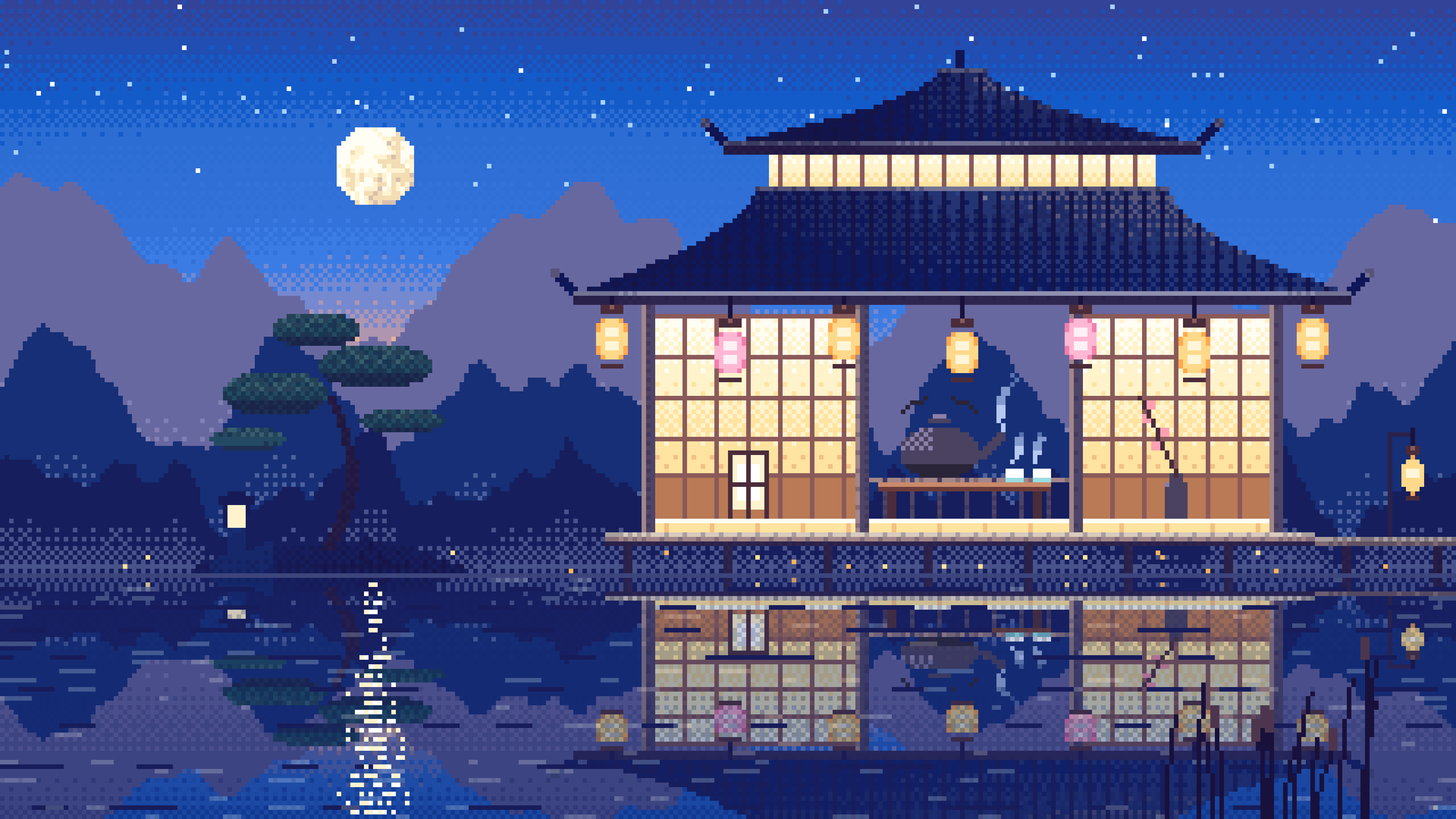 Blue Pixel Art Tea House by a Lake desktop wallpaper in 4K
