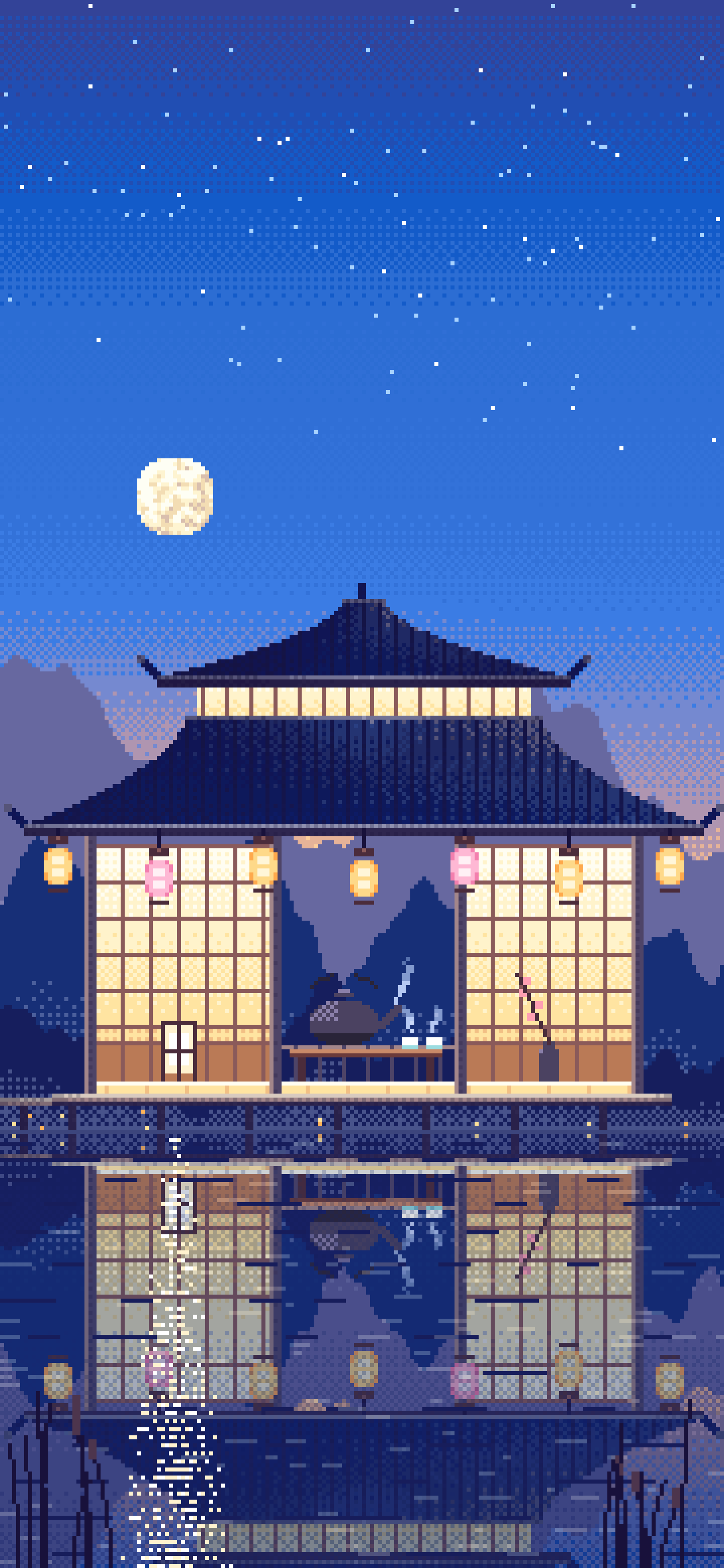 Blue Pixel Art Tea House by a Lake wallpaper for iPhone and Android