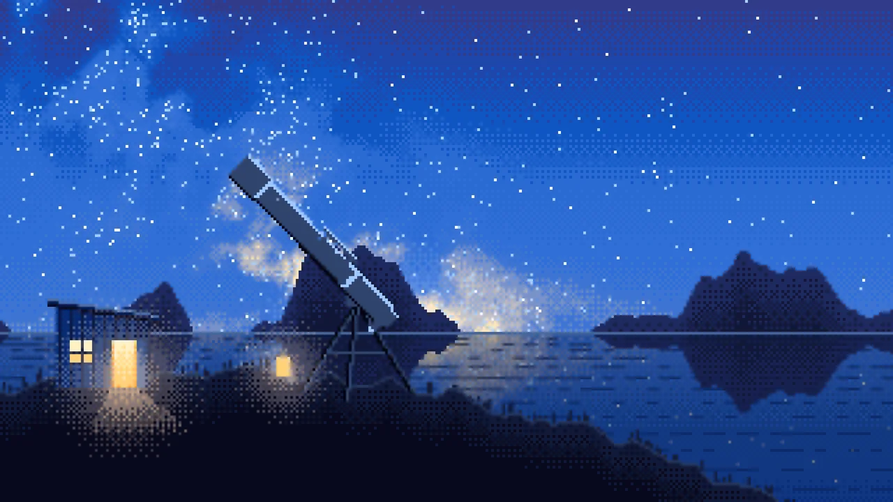Blue Pixel Art Telescope Under the Milky Way desktop wallpaper in 4K