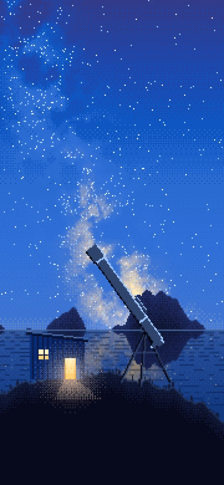 Blue Pixel Art Telescope Under the Milky Way wallpaper for iPhone and Android