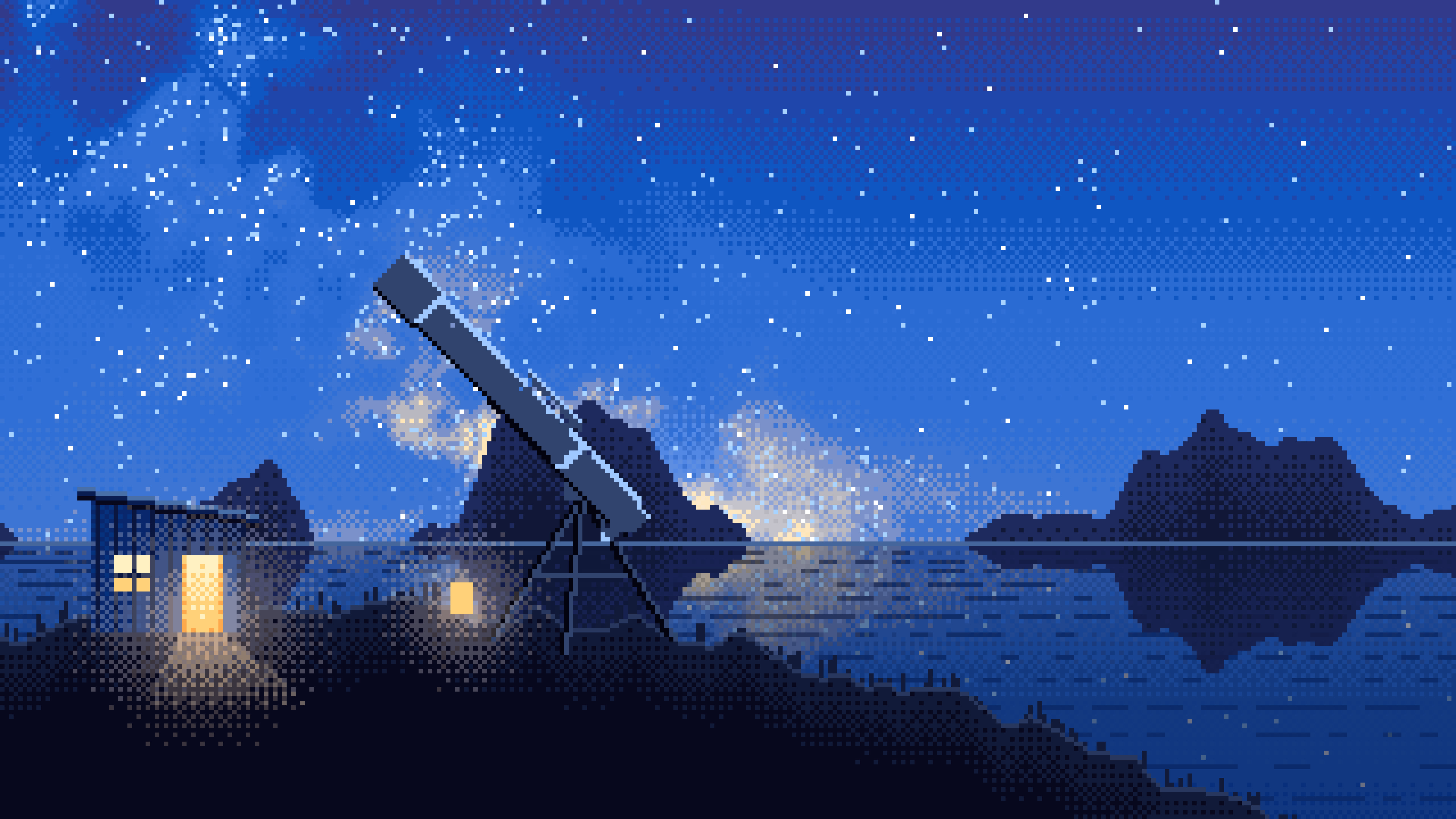 Blue Pixel Art Telescope Under the Milky Way desktop wallpaper in 4K