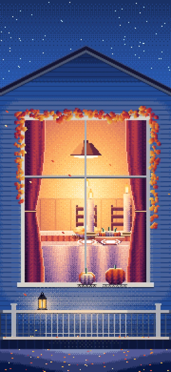 Blue Pixel Art Thanksgiving Dinner Through a Window wallpaper for iPhone and Android