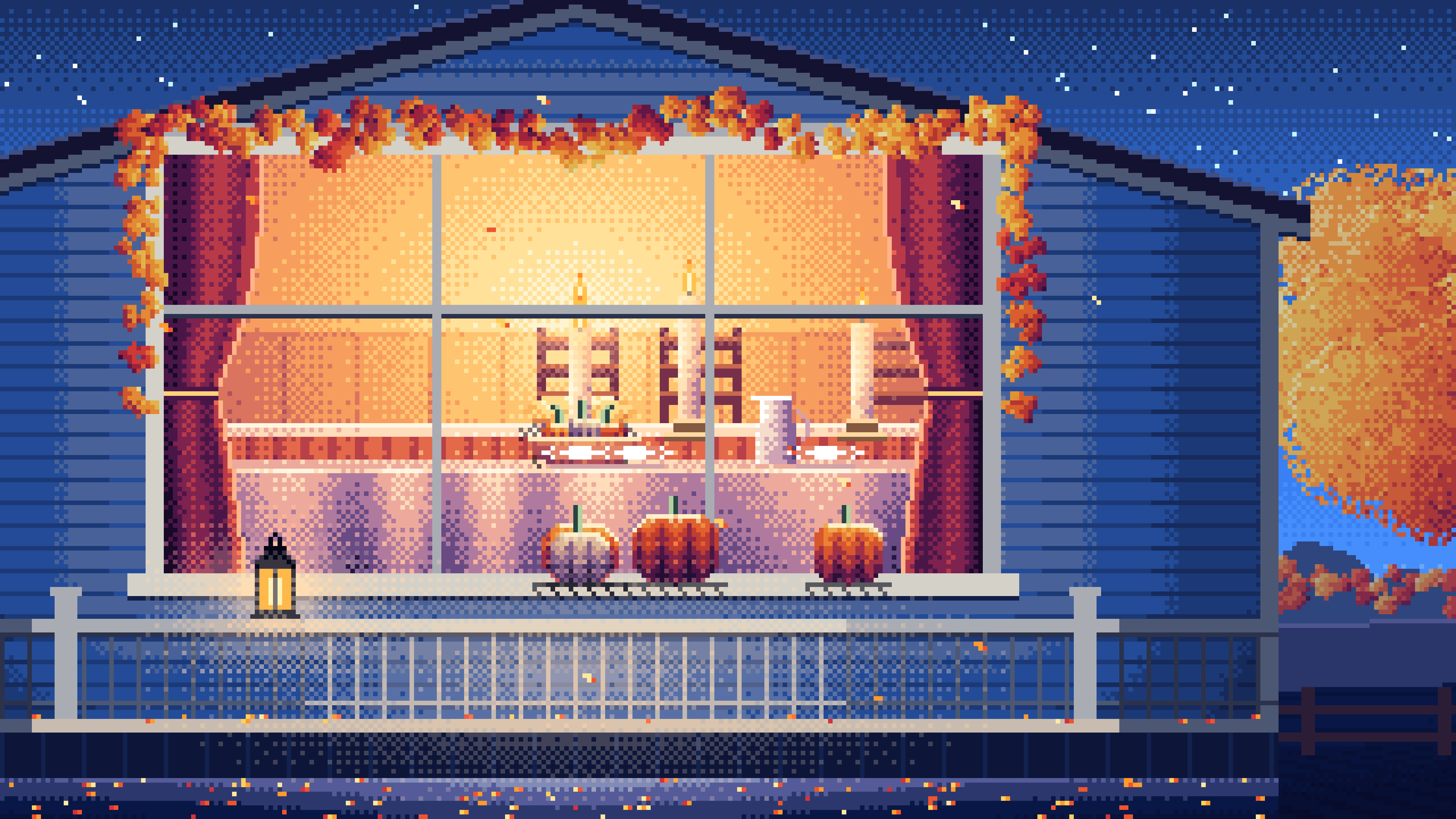 Blue Pixel Art Thanksgiving Dinner Through a Window desktop wallpaper in 4K