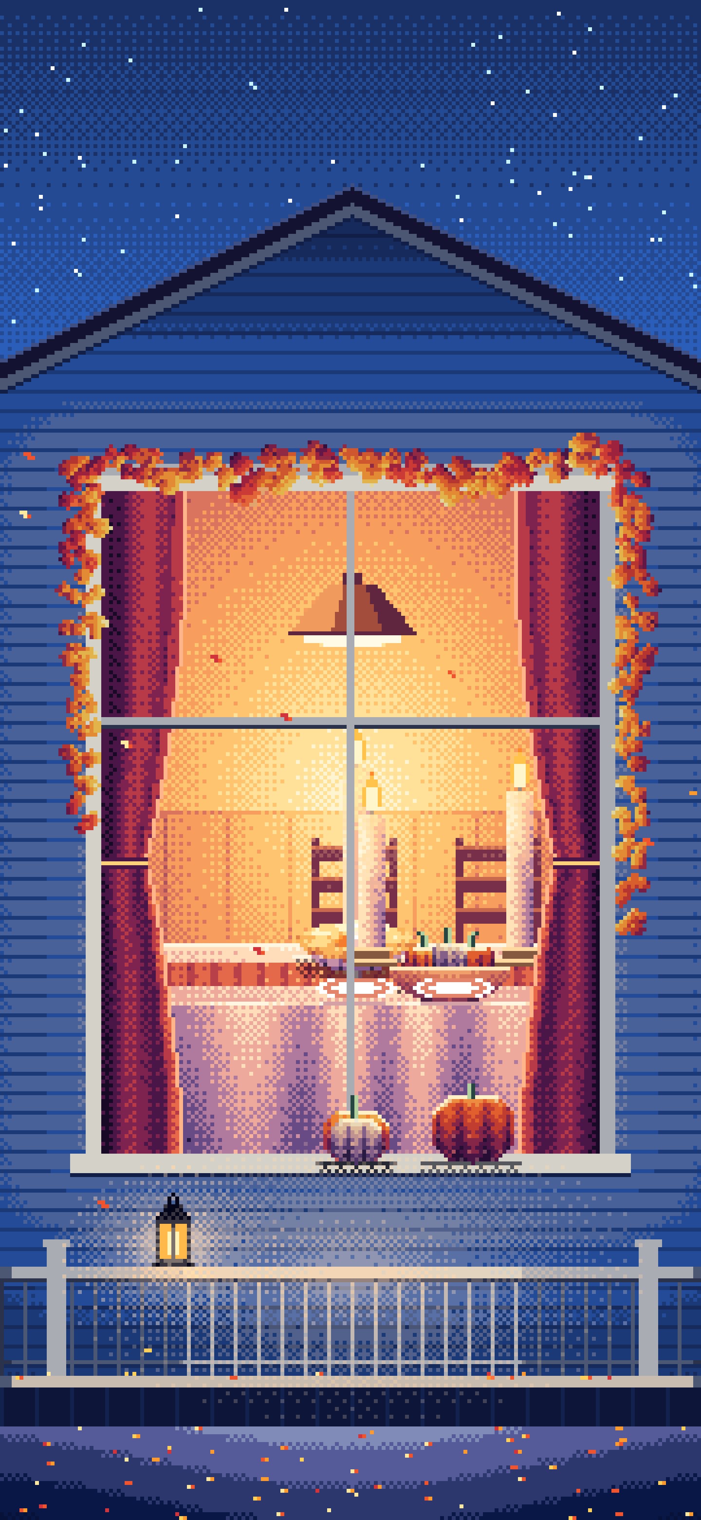 Blue Pixel Art Thanksgiving Dinner Through a Window wallpaper for iPhone and Android