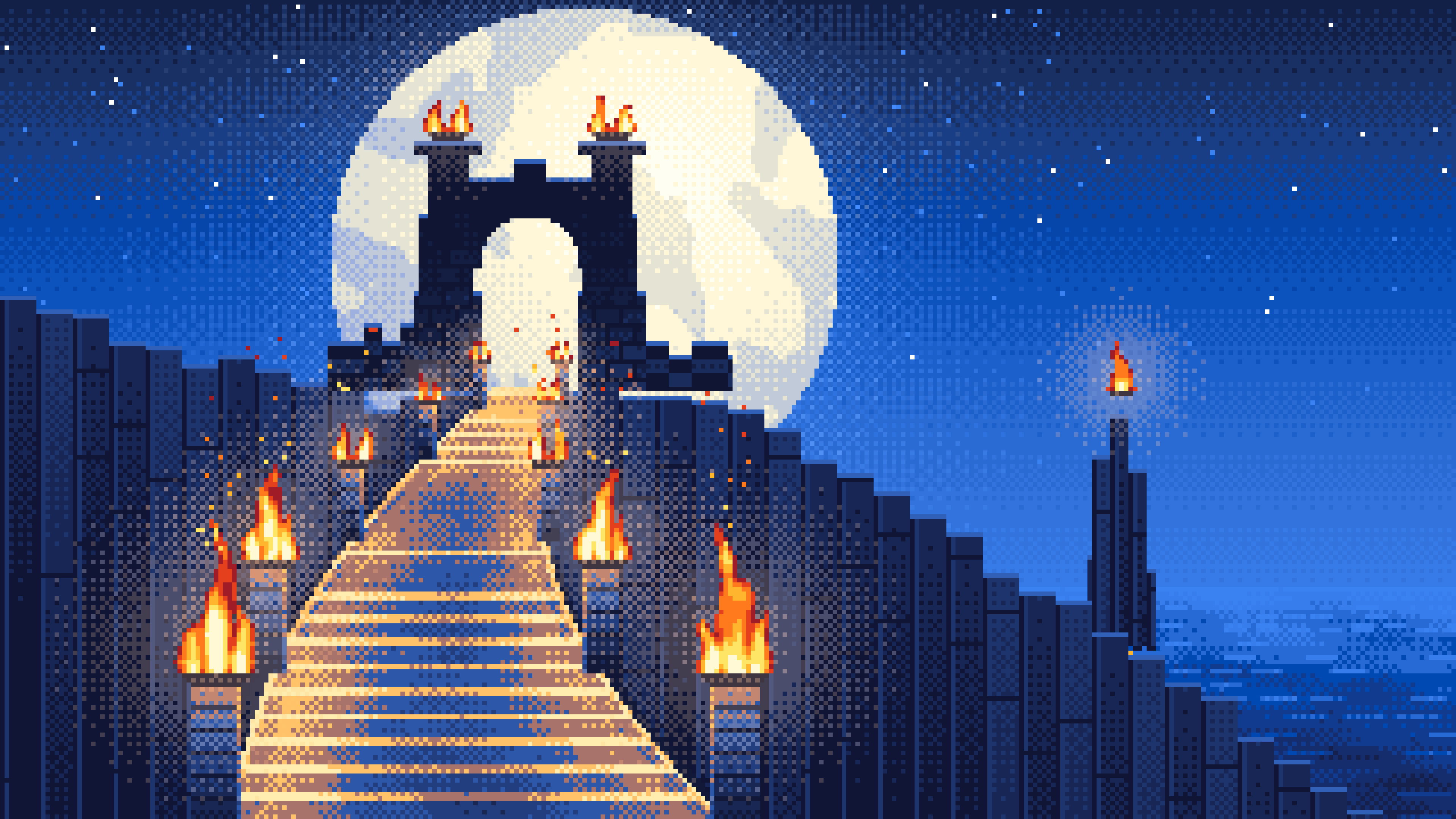 Blue Pixel Art Torch-Lit Stairway at Night desktop wallpaper in 4K