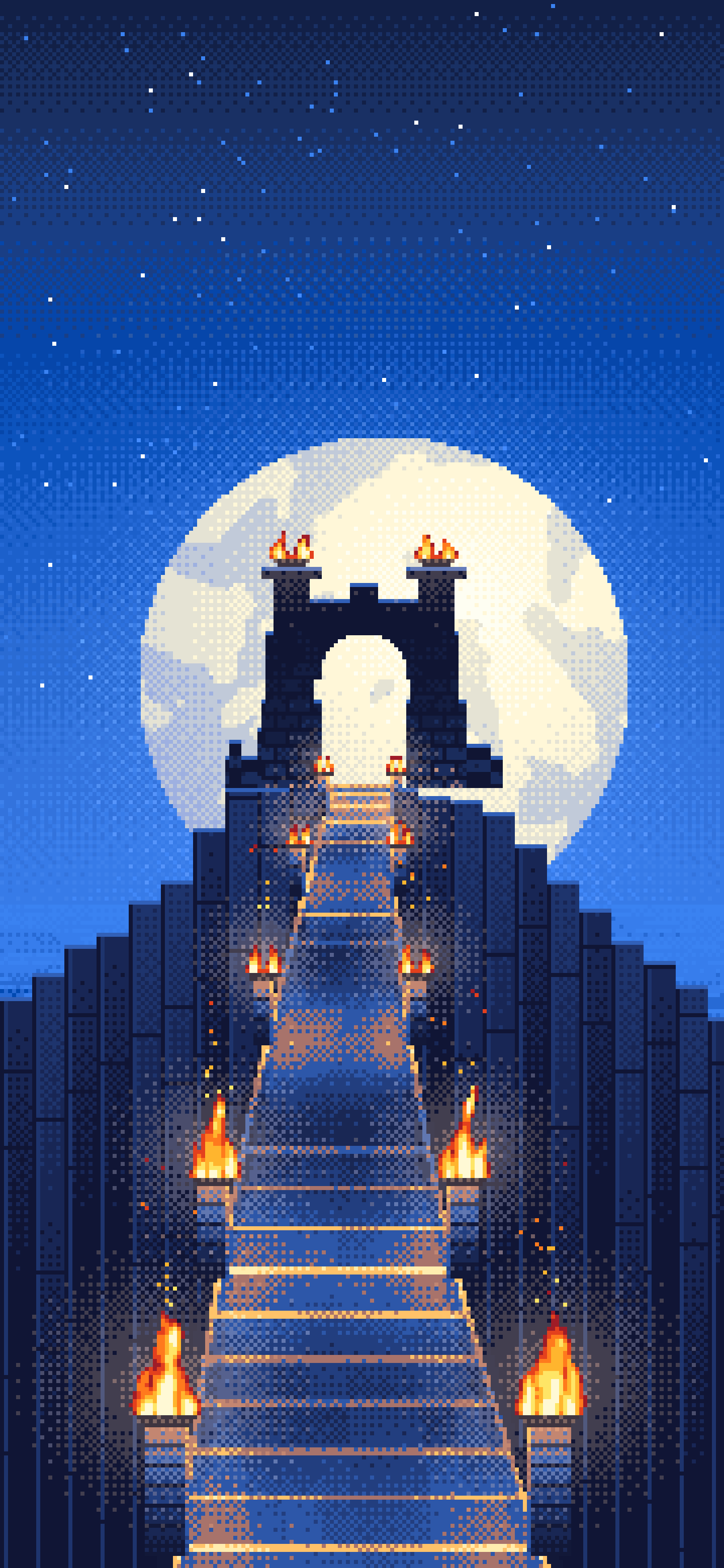 Blue Pixel Art Torch-Lit Stairway at Night wallpaper for iPhone and Android