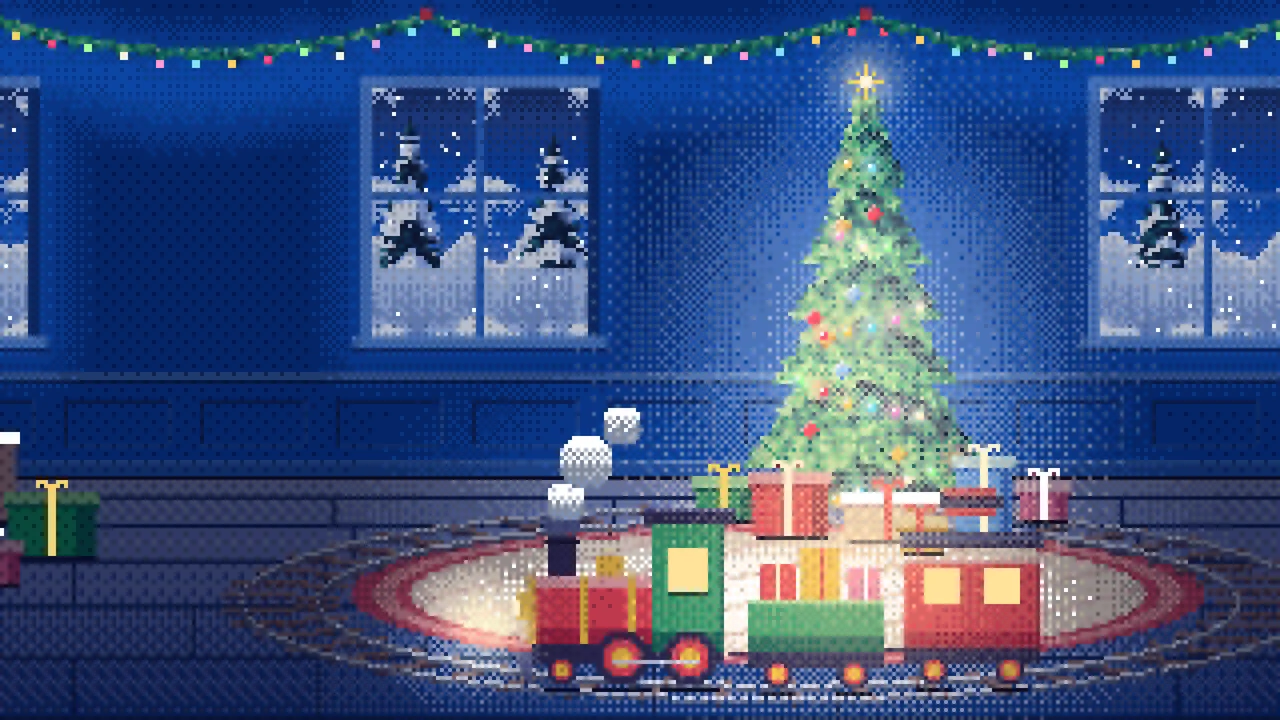 Blue Pixel Art Toy Train Around the Christmas Tree desktop wallpaper in 4K