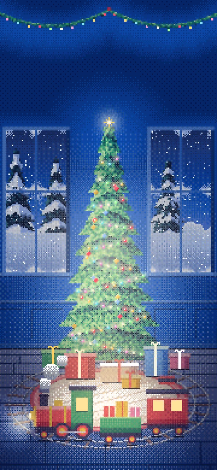 Blue Pixel Art Toy Train Around the Christmas Tree wallpaper for iPhone and Android