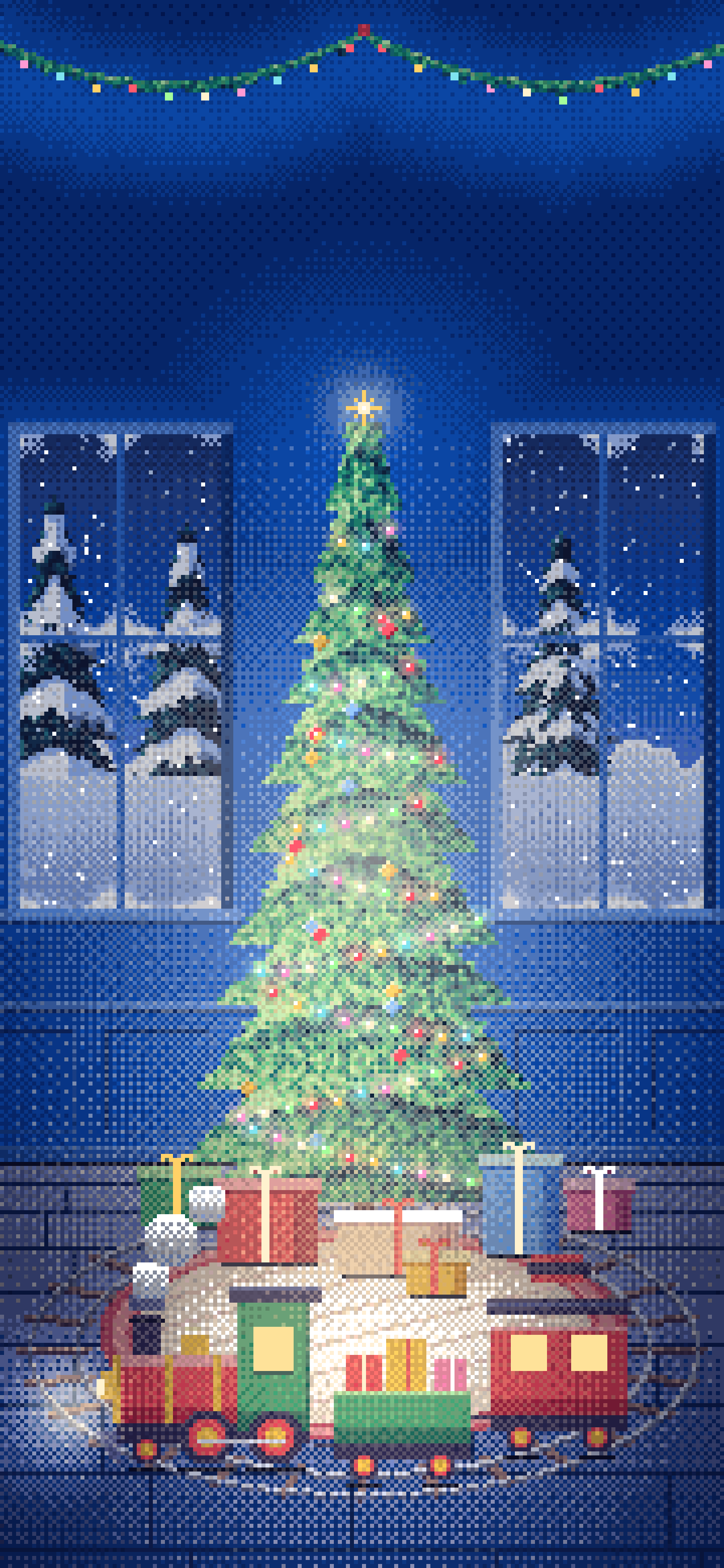 Blue Pixel Art Toy Train Around the Christmas Tree wallpaper for iPhone and Android