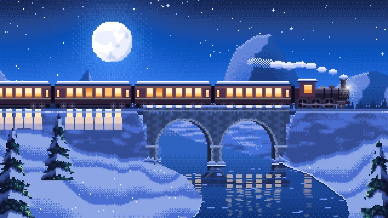 Blue Pixel Art Train Crossing a Snowy Bridge Under the Moon desktop wallpaper in 4K