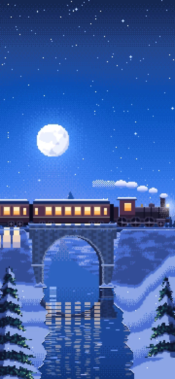Blue Pixel Art Train Crossing a Snowy Bridge Under the Moon wallpaper for iPhone and Android