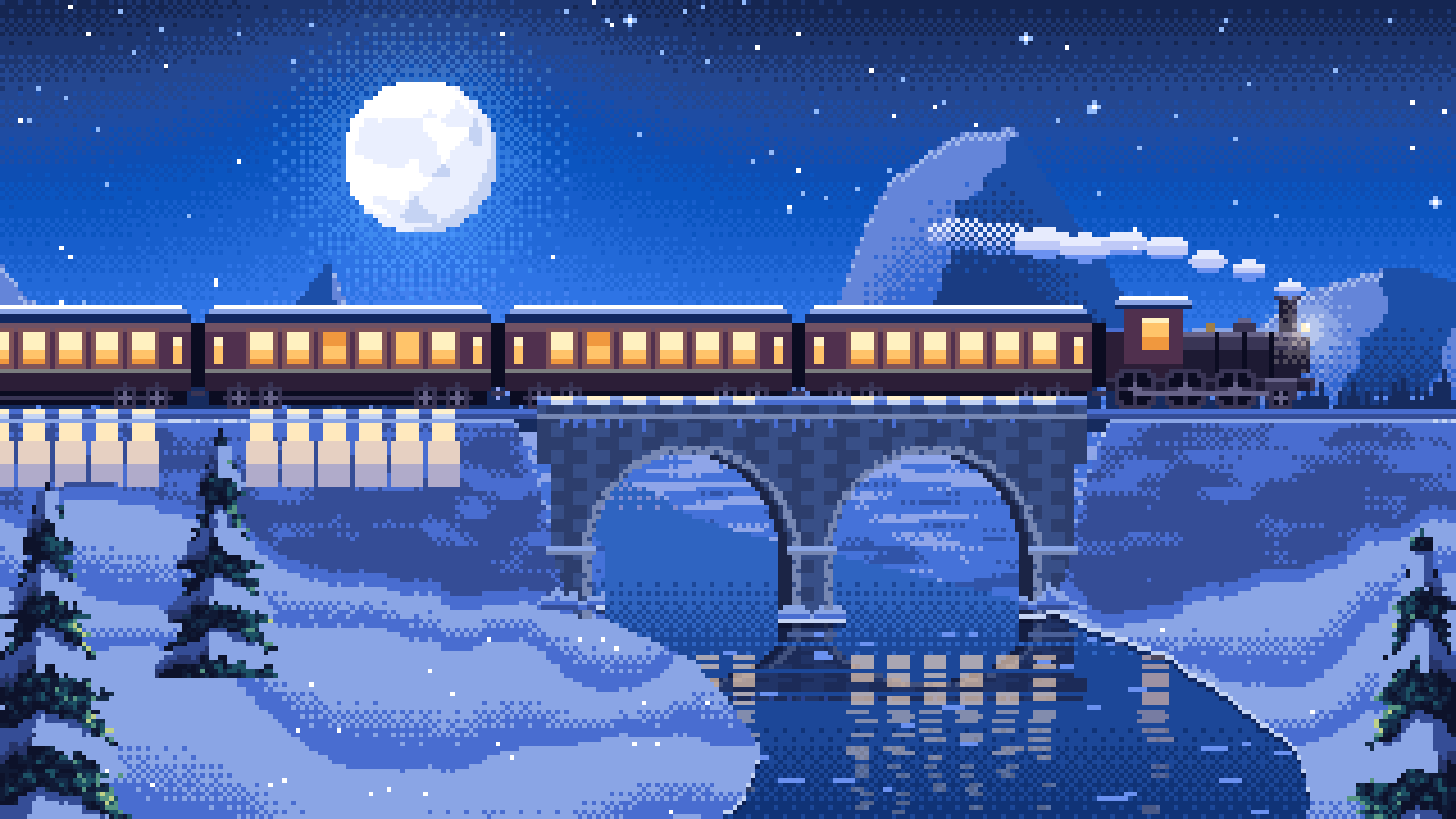 Blue Pixel Art Train Crossing a Snowy Bridge Under the Moon desktop wallpaper in 4K