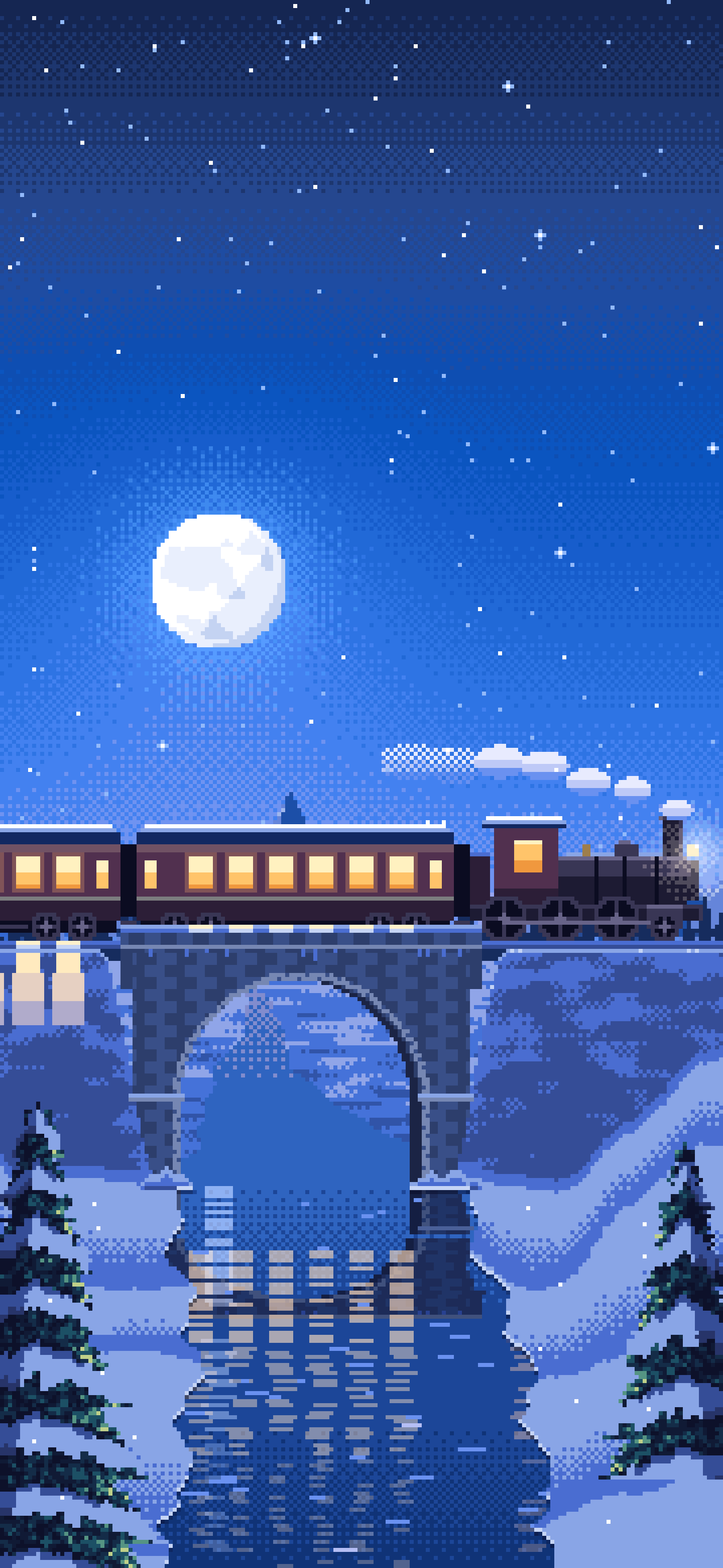 Blue Pixel Art Train Crossing a Snowy Bridge Under the Moon wallpaper for iPhone and Android