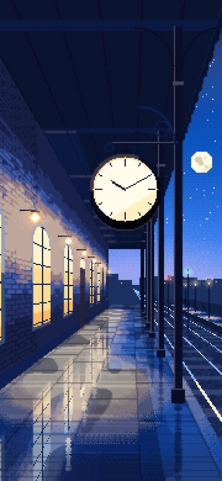 Blue Pixel Art Train Station Clock wallpaper for iPhone and Android