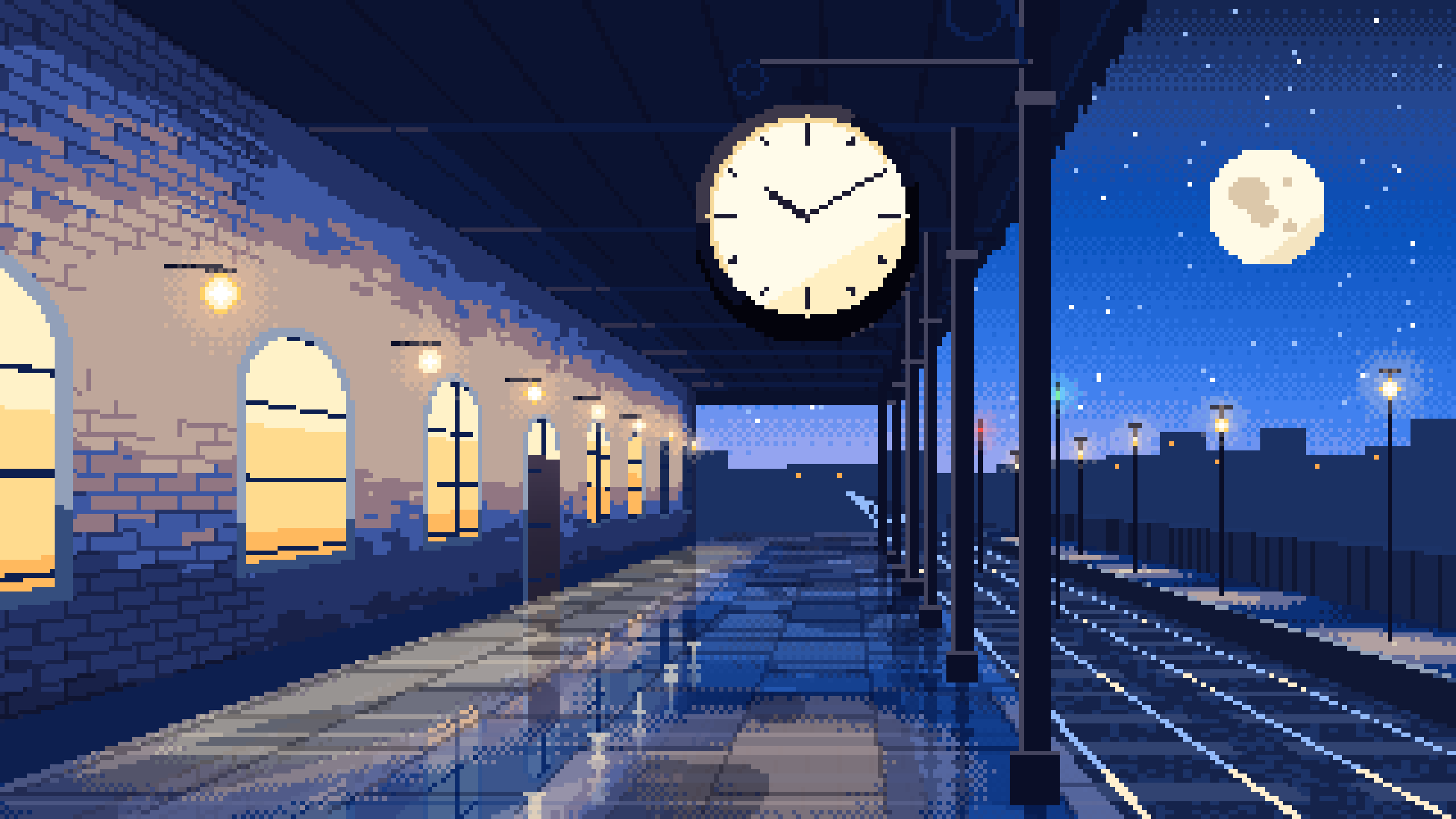 Blue Pixel Art Train Station Clock desktop wallpaper in 4K