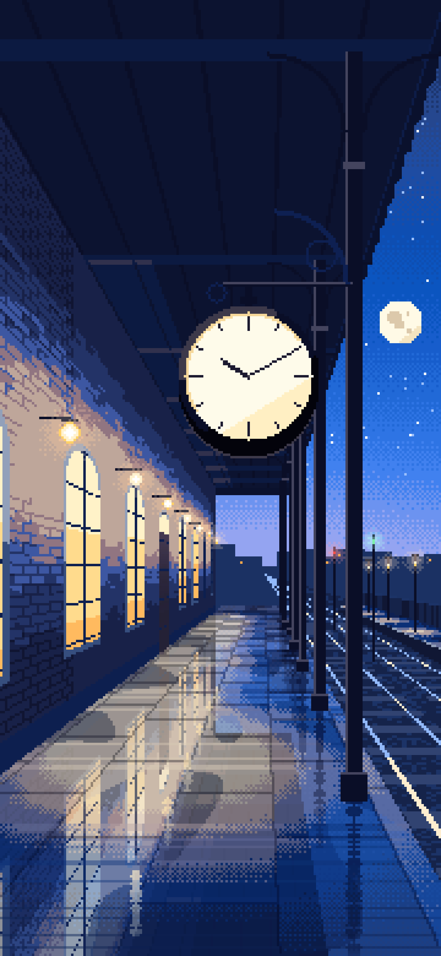 Blue Pixel Art Train Station Clock wallpaper for iPhone and Android