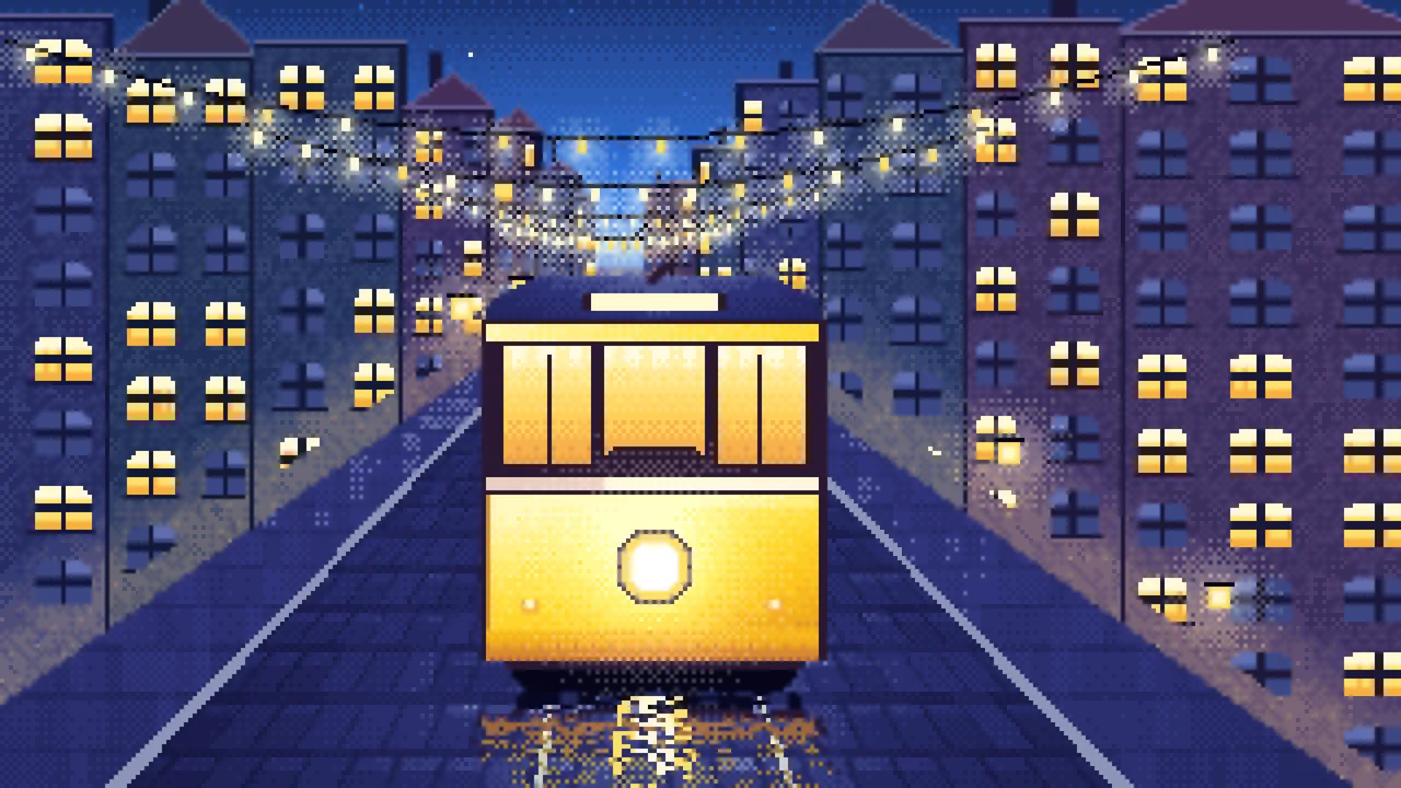 Blue Pixel Art Tram at Night desktop wallpaper in 4K