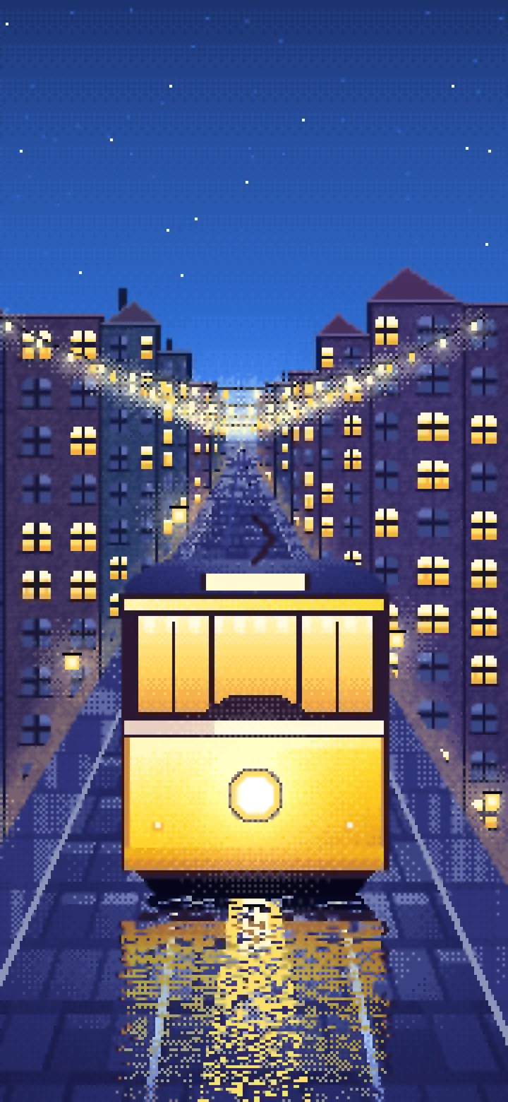 Blue Pixel Art Tram at Night wallpaper for iPhone and Android