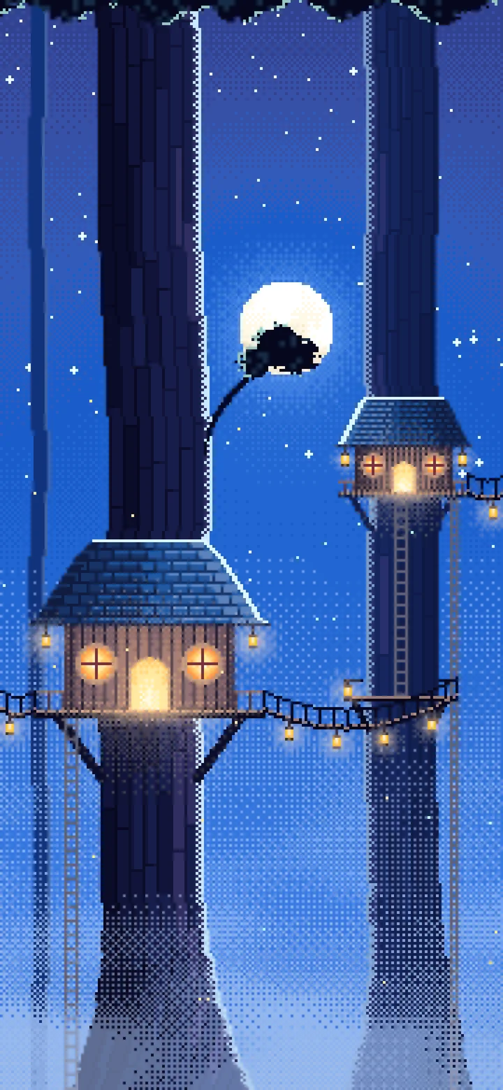Blue Pixel Art Treehouse in a Fantasy Forest wallpaper for iPhone and Android