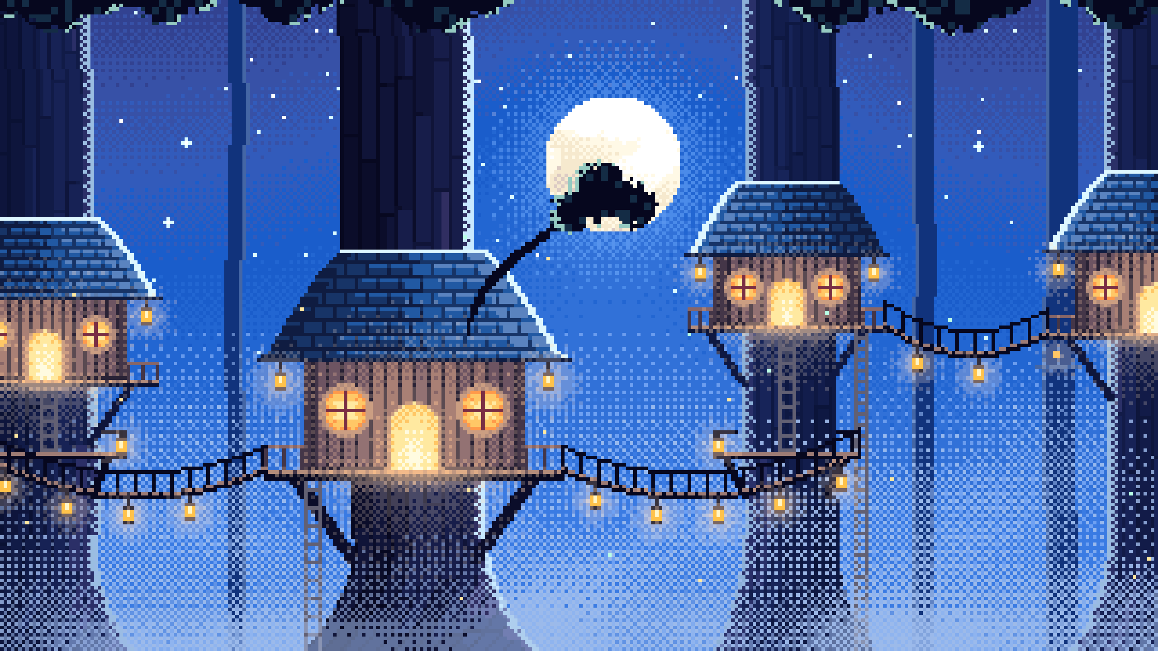 Blue Pixel Art Treehouse in a Fantasy Forest desktop wallpaper in 4K